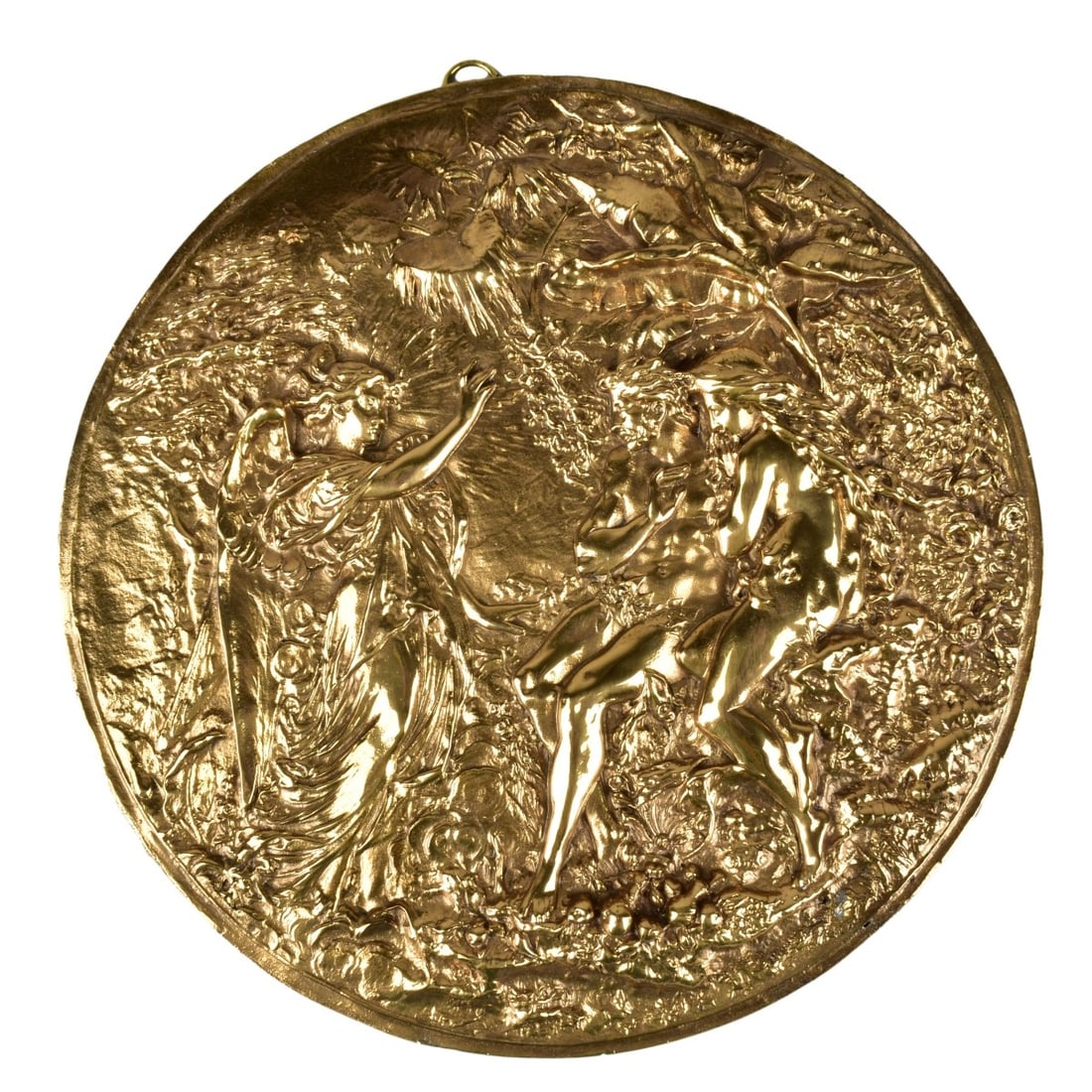 Antique Neoclassical Style Bronze Relief Plaque: Antique Neoclassical Style Bronze Relief Plaque of Adam and Eve with an Archangel. Unsigned. Measures 9-5/8" diameter. Kodner Galleries offers phone and absentee bidding at a low, flat 21% buyer?s