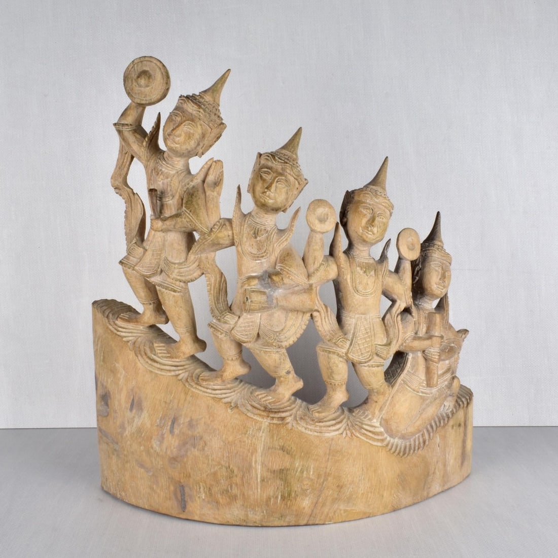 Carved Thai Guardian Protectors: Wooden Hand Carved Thai Guardian Angel Temple Protectors Buddhist Statue Figurine. Late 20th century. Measures: 20-1/2" H, 19" L, 5-3/4" D. Kodner Galleries offers phone and absentee bidding at a