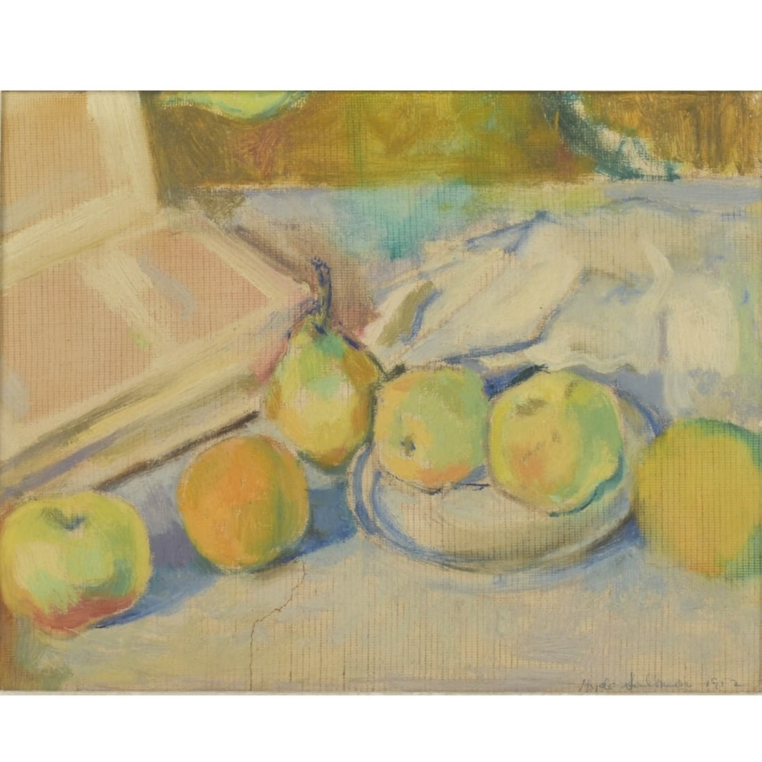 Hyde Solomon, America (1911-1987): Hyde Solomon, America (1911-1987) Still Life of Fruit. Oil on board. Signed bottom right hand corner. Board measures: 9" high, 11" wide, frame measures: 15" high, 17-1/4" wide. Property of deceased