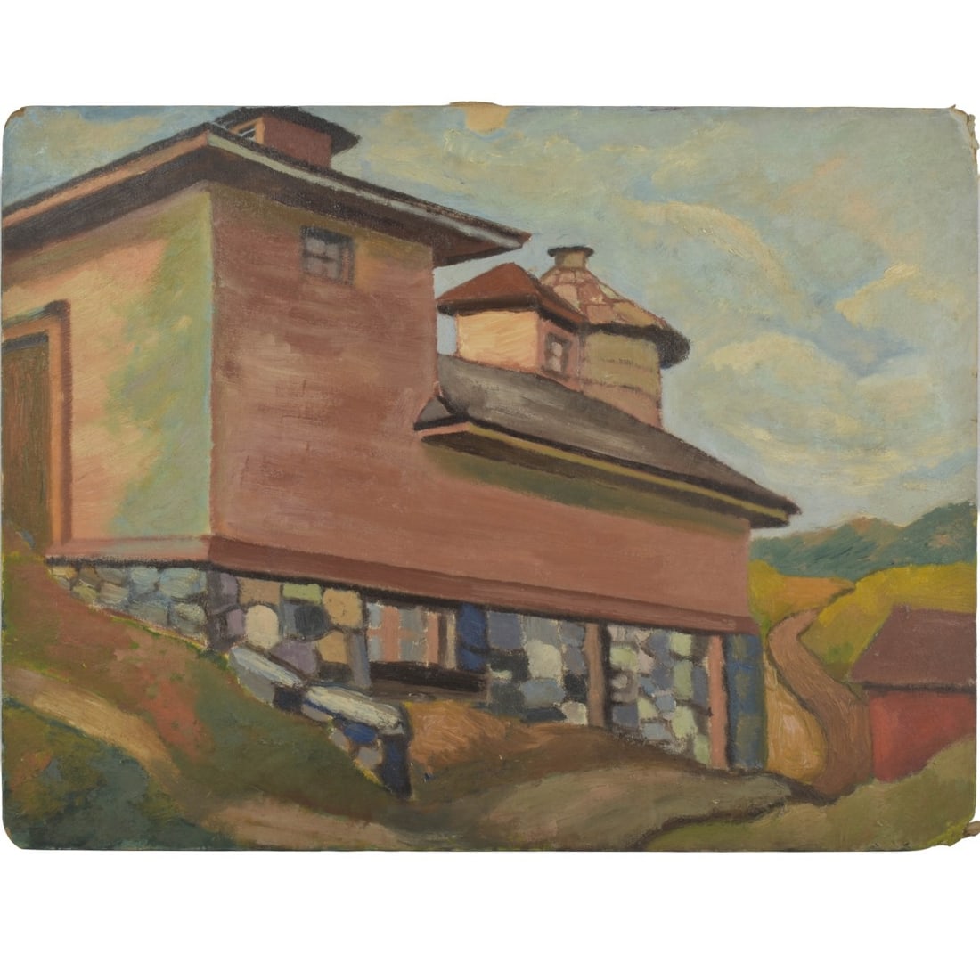 Hyde Solomon, America (1911-1987): Hyde Solomon, America (1911-1987) "Sloatsburg Farm #2" Oil on artist board. Marked and dated "1939" on the back. Measures: 24" high, 18" wide. Property of deceased friend of the artist. Kodner