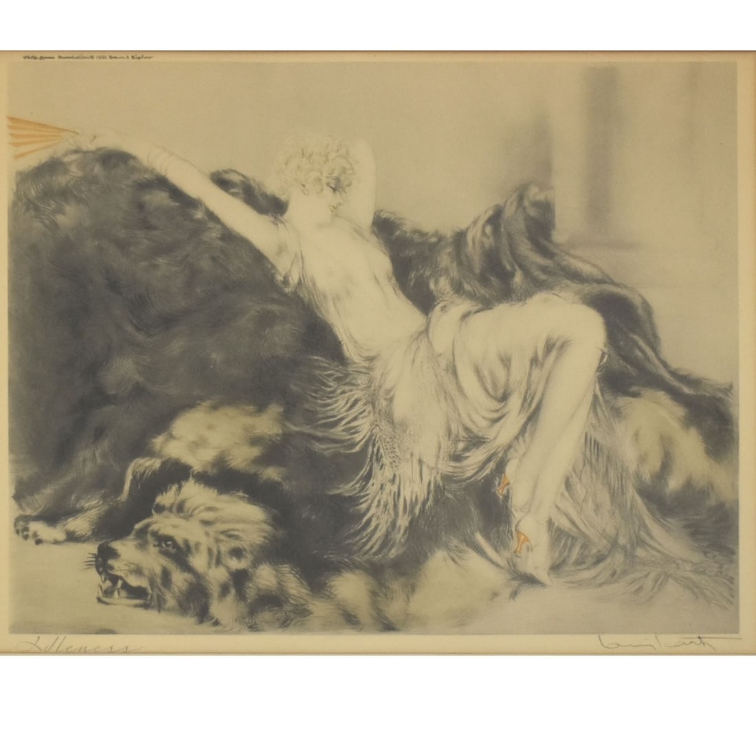 Louis Icart, French (1888-1950): Louis Icart, French (1888-1950) "Idleness" Etching on Paper Framed Under Plexiglass. Depicting a winsome woman reclining on a lion skin rug holding a fan. Signed and titled in pencil bottom margin.