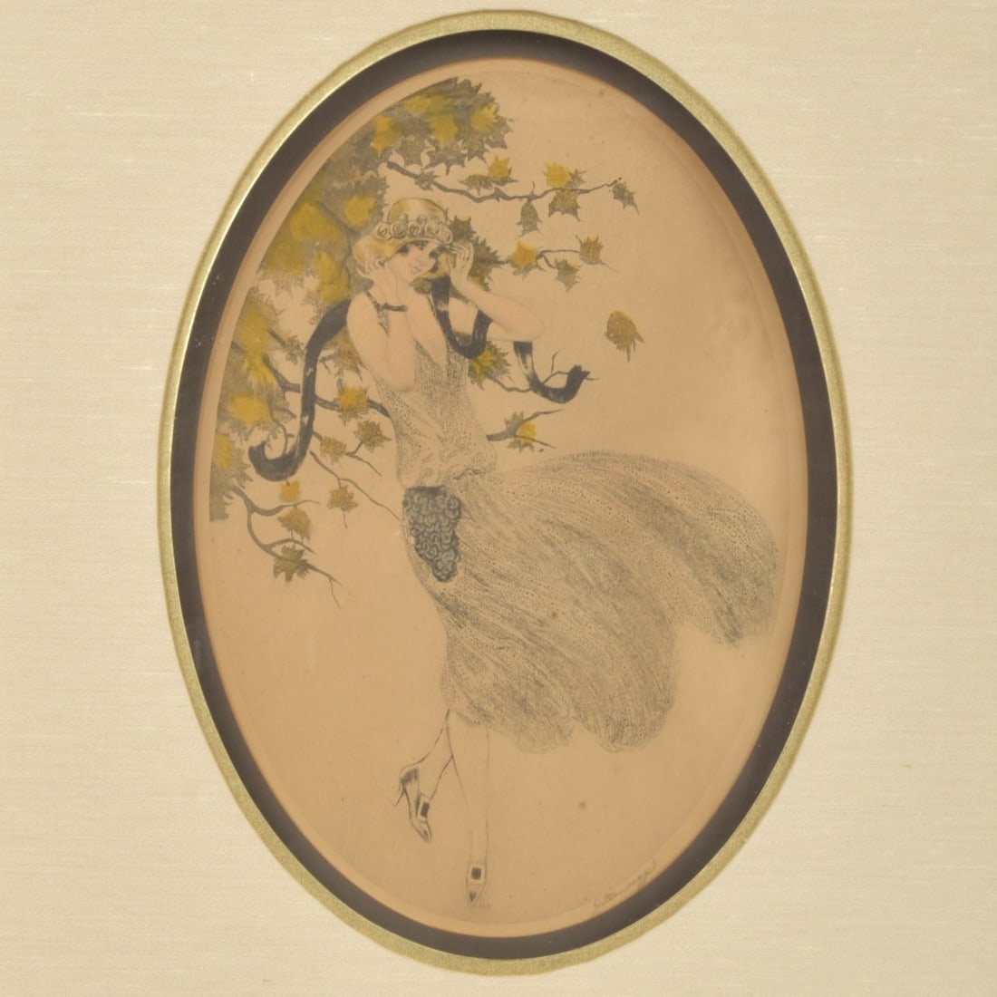 Jean Hardy, French (b.1880): Jean Hardy, French (b.188o) Art Nouveau Portrait of an Elegant Lady Outdoors. Etching and aquatint in colors pencil signed and inscribed right hand corner also numbered 108 in the plate. Framed under
