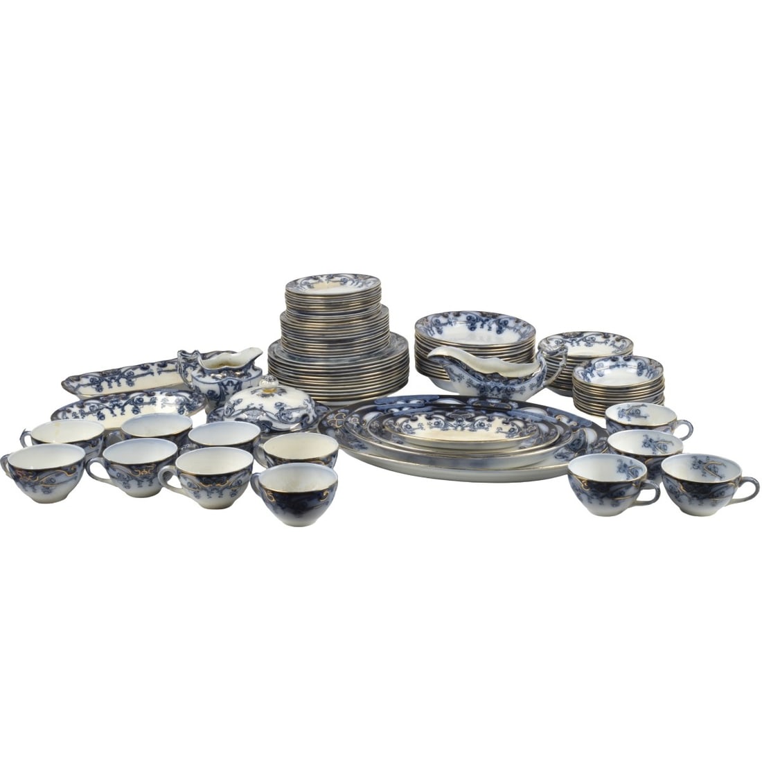 English Royal Staffordshire Dishware: Ninety-two (92) Pieces English Royal Staffordshire Pottery Iris Pattern Dishware. Consisting of: 11 plates (one has large chip), measures: 9" diameter, 1 plate, measures: 8" diameter, 12 plates,