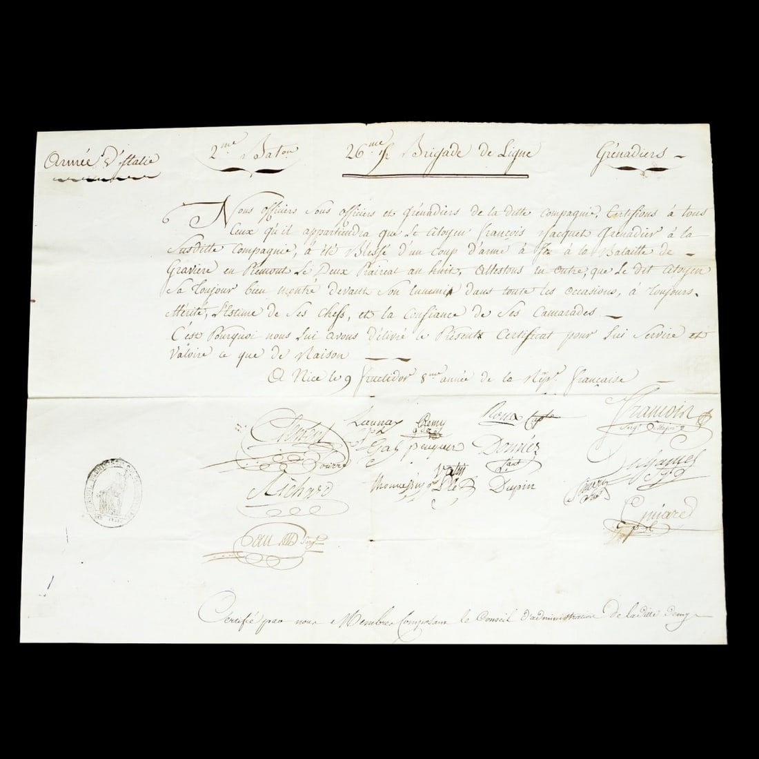 Napoleonic Regiment de Ligne Document: Hand Written Napoleonic Document From The R?giment de Ligne. Written in French, appears to be detailing a decree and is hand signed by multiple members of the regment. Counsel Administration stamp