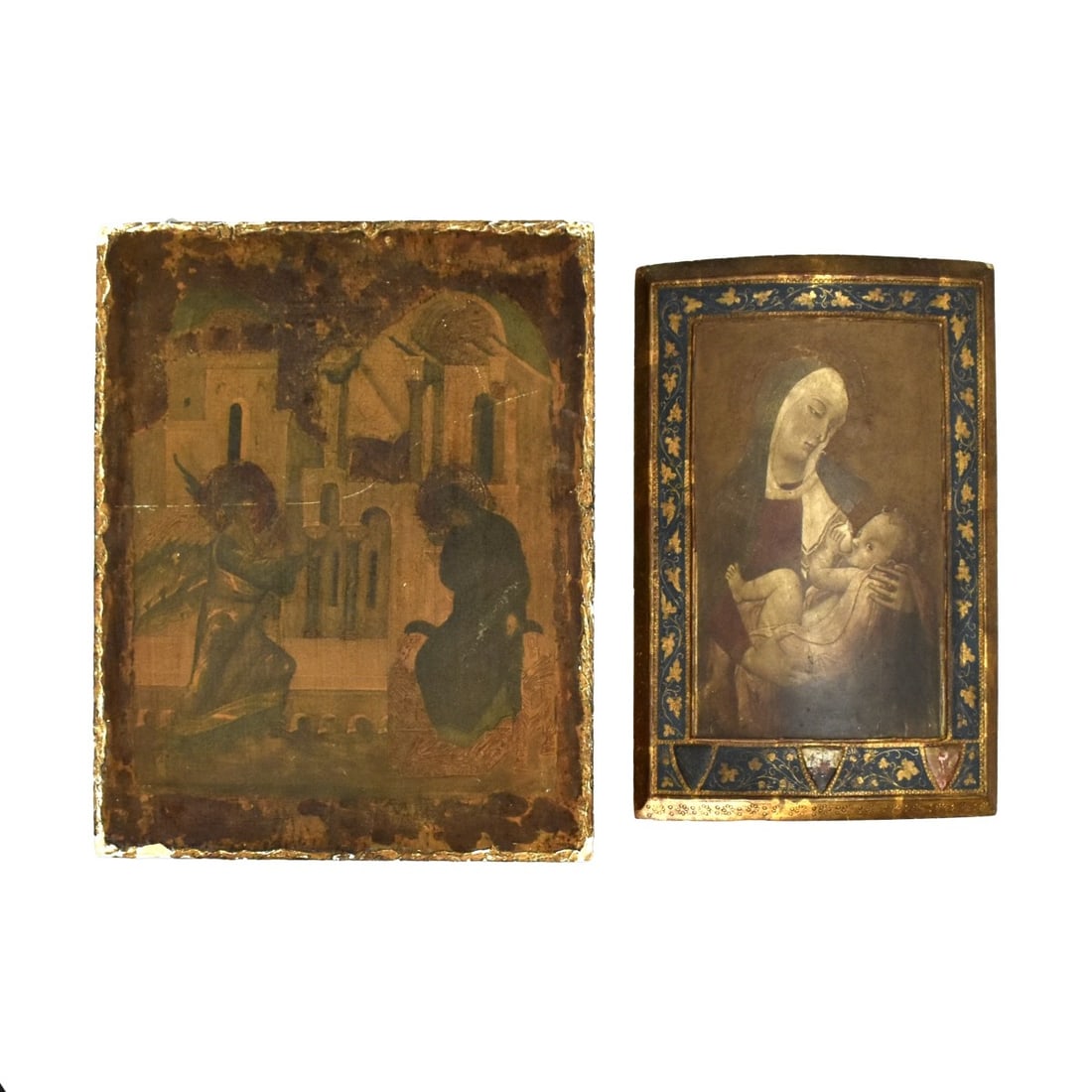 Two (2) Russian Religious Icons: Two (2) Hand Painted Icons. Mother Mary and Child, three shields with writing,on rounded wood panel. unsigned Measures12-3/4" H x 8-1/4" W. The Savior by Andre Rublev print on wood board, tag