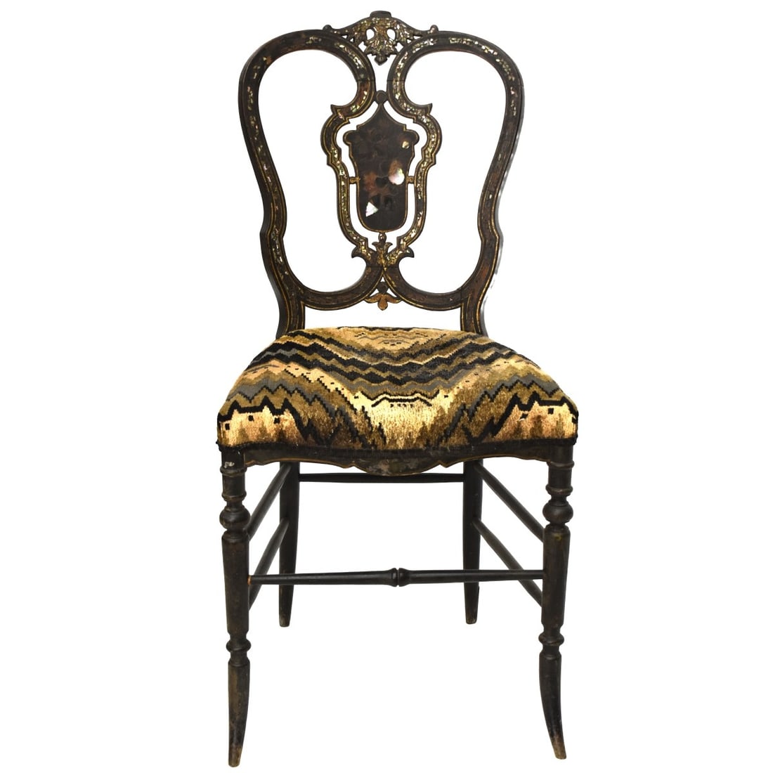 Victorian Side Chair: Victorian Side Chair with Mother of Pearl Inlay and a Flame Stitch Seat Cover. Measures: 34" high, 16-1/2" wide, 14-1/2" deep. seat measures: 17-1/2" high. Kodner Galleries offers phone and absentee