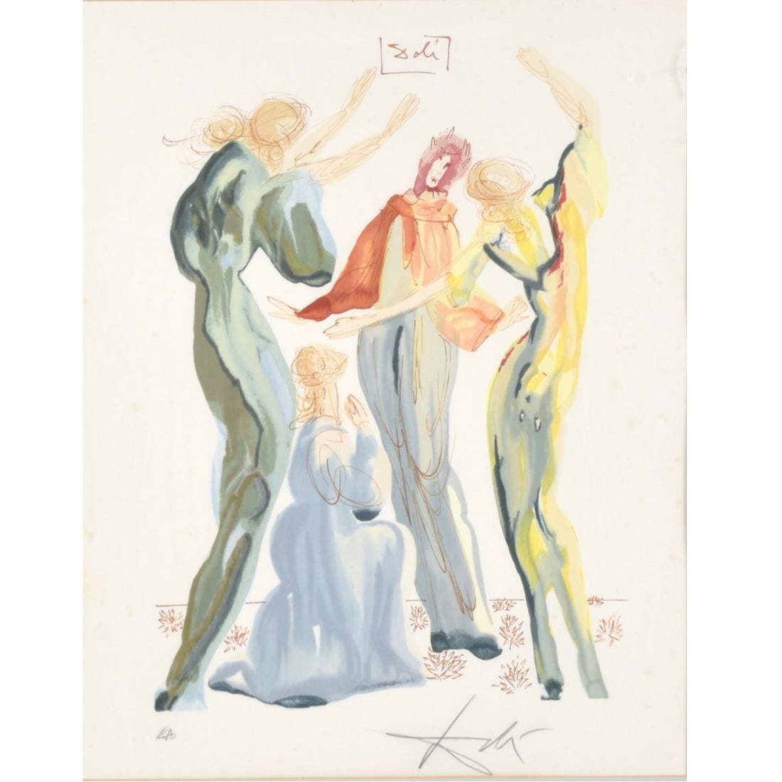 Salvadore Dali, Spanish (1904-1989): Salvadore Dali, Spanish (1904-1989) "The Dance" Color Lithograph. Framed under plastic. Signed in the plate. Image area measures: 19" high, 15-1/2" wide, frame measures: 28-3/4" high, 23" wide.