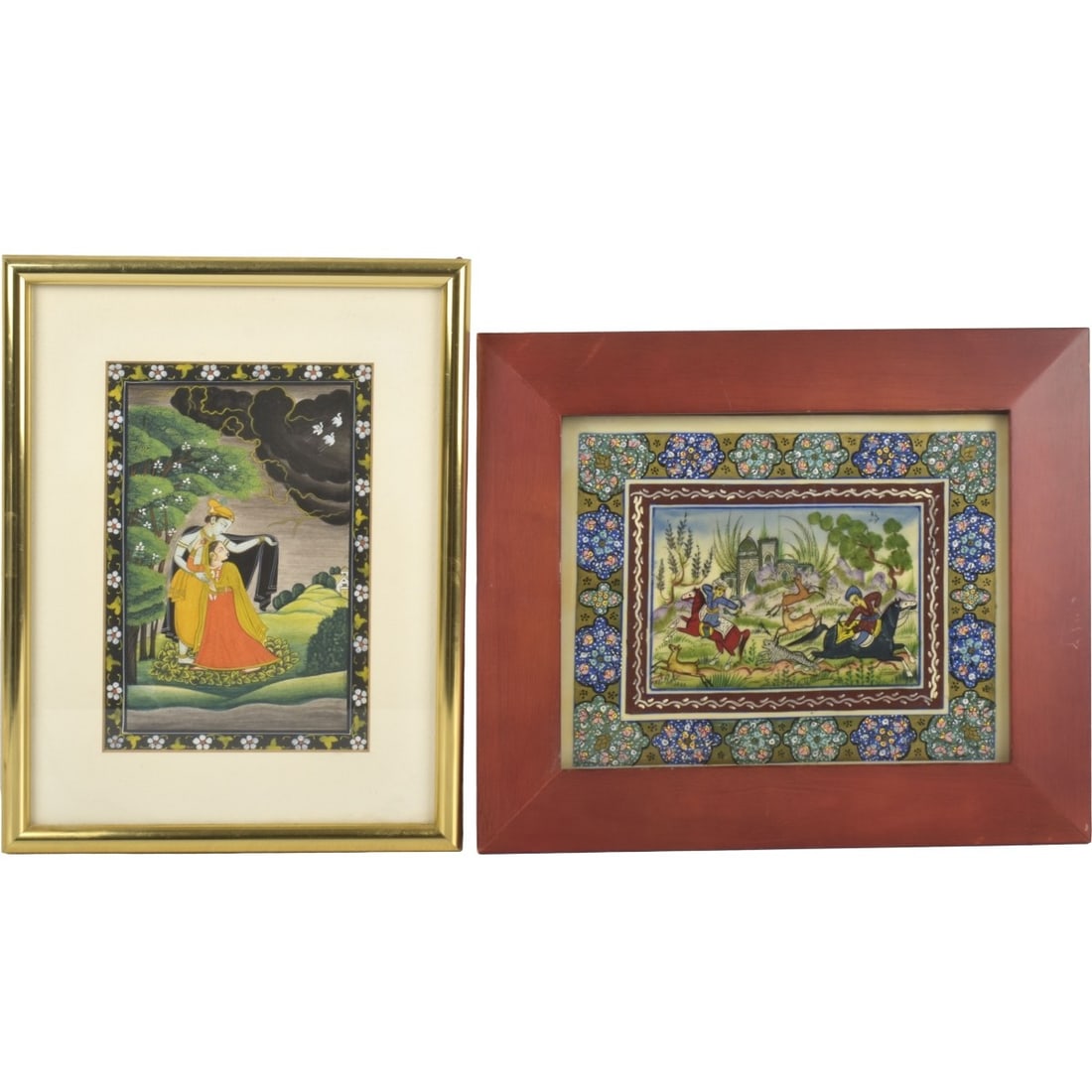 Persian Paintings: Two (2) Persian Paintings, Framed under Glass. One (1) painted on celluloid of a hunting scene, viewing area measures: 7" high, 9" wide, frame measures: 11-1/4" high, 13-1/4" wide, one (1) Radha