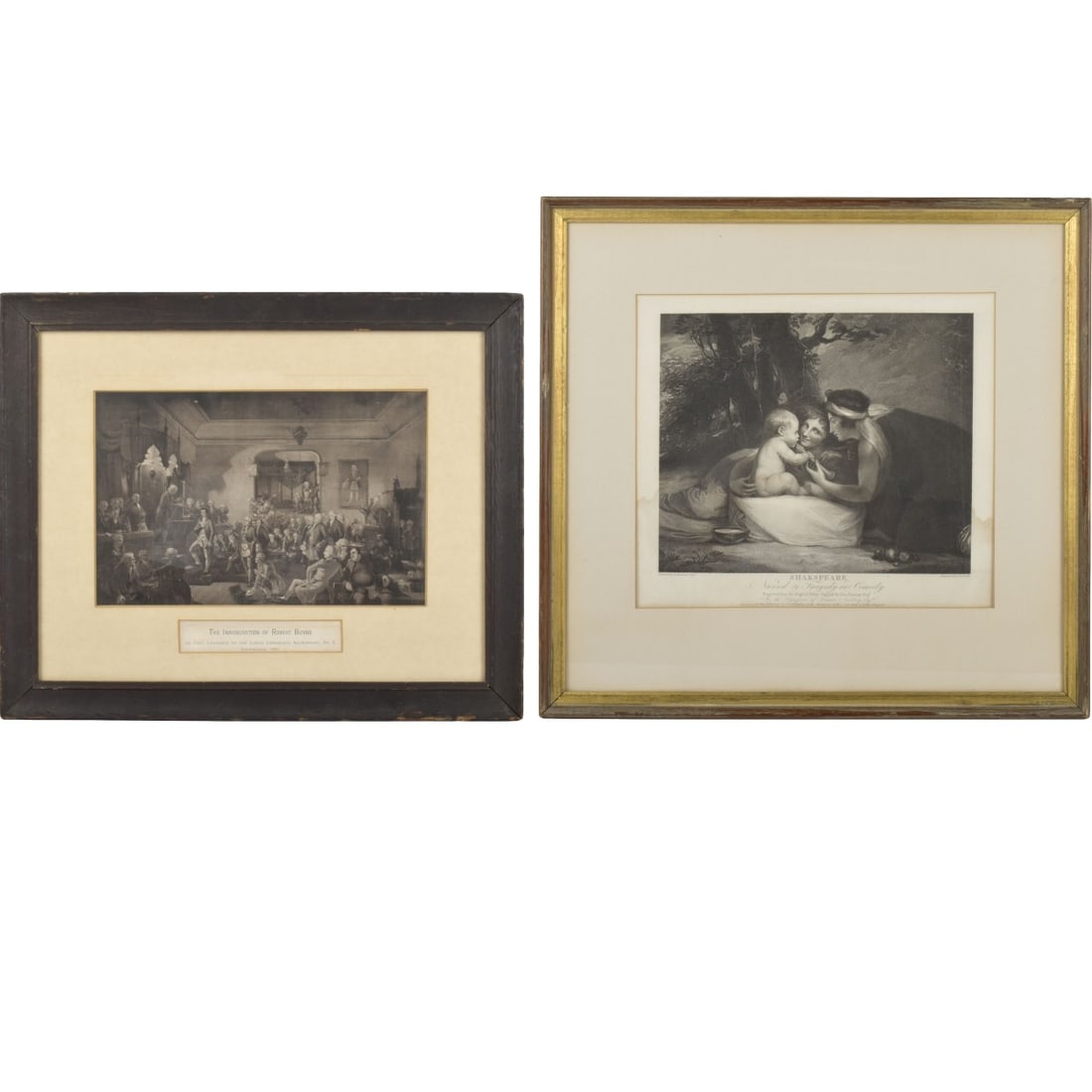 Antique Engravings: Two (2) Antique Engravings. Framed under glass. One (1) Boydell (John & Josiah) Shakespeare Nursed by Tragedy and Comedy, with Timon of Athens, Act IV, Scene III and Coriolanus, Act V, Scene III, by