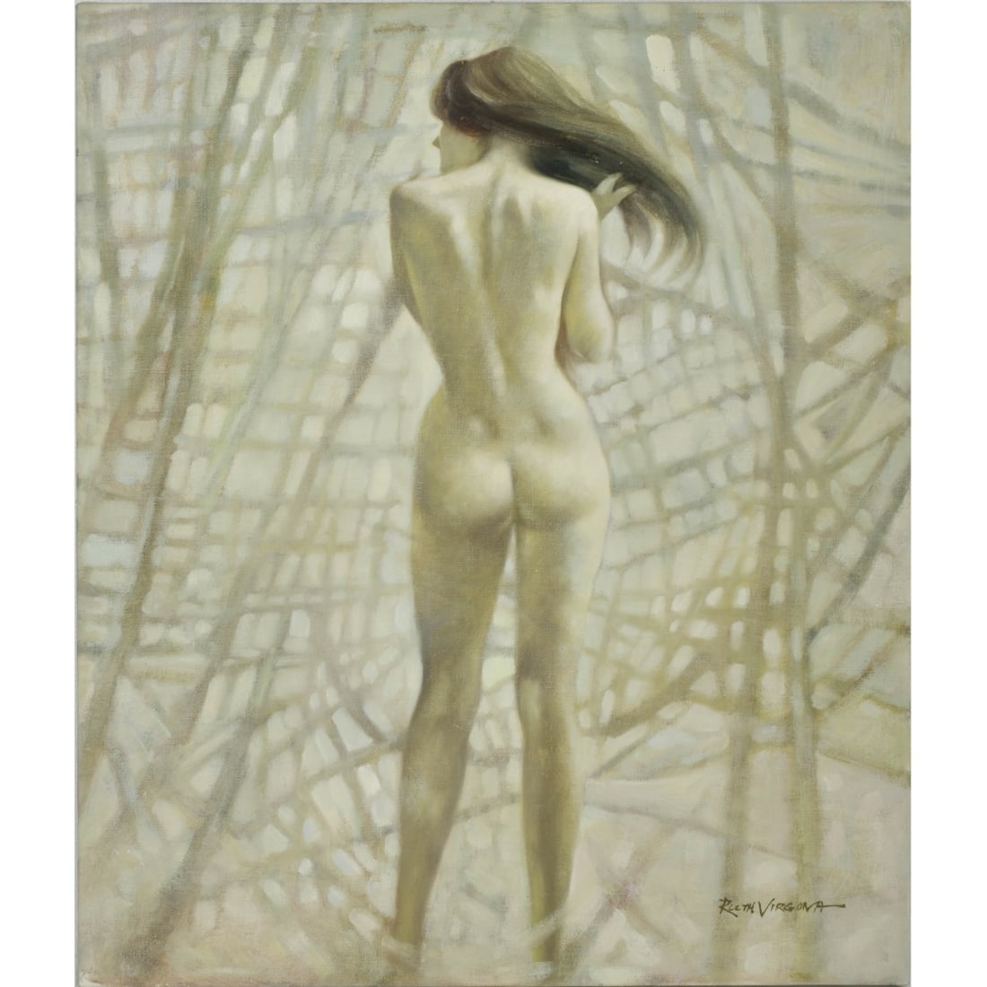 Ruth Virgona, American (20th Century): Ruth Virgona, American (20th Century). Standing Female Nude. Oil on canvas. Signed bottom right hand corner. Measures: 24" high, 20" wide. Kodner Galleries offers phone and absentee bidding at a low,