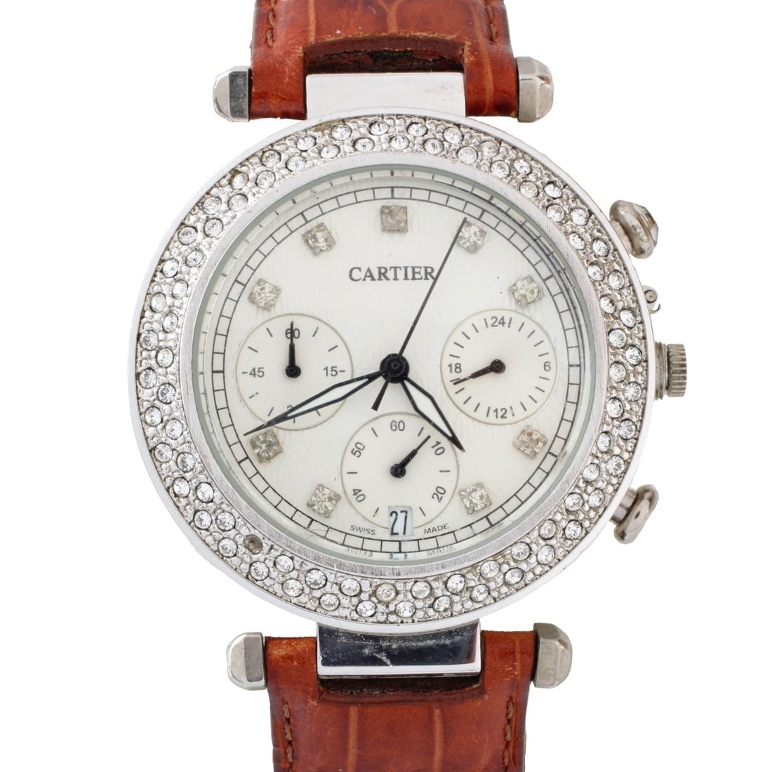 Cartier Pasha Clone Watch: Vintage Cartier Pasha Clone Stainless Steel Chronograph Watch with Leather Strap Bracelet. Appears to be a quartz movement. Bezel set with faux diamonds. Case measures 38.5mm. Kodner Galleries offers