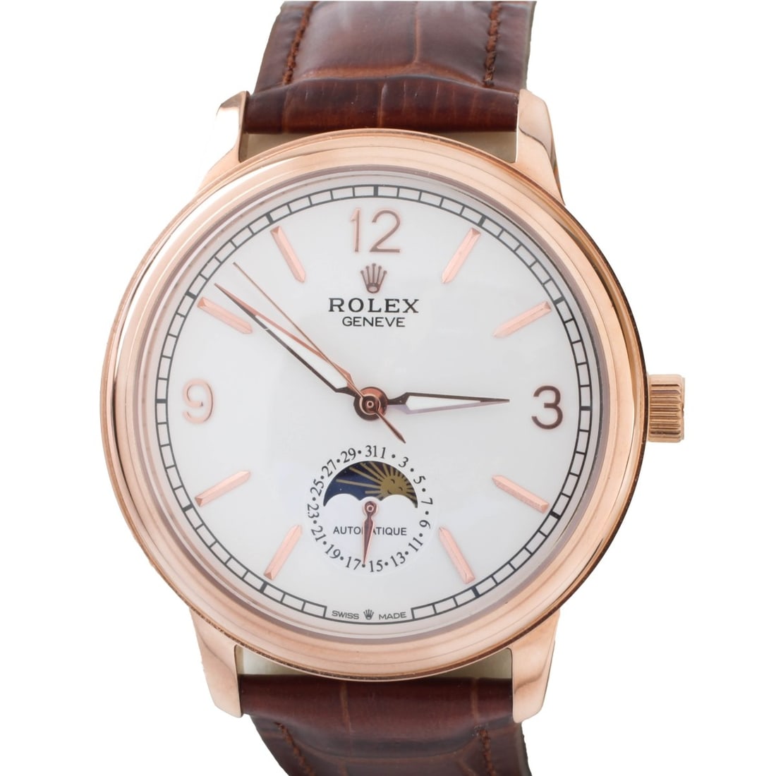 Rolex Moonphase Clone Watch: Rolex Moonphase Clone Rose Tone Stainless Steel Watch with Leather Strap Bracelet. Automatic movement. Case measures 40mm. Bracelet measures 9-1/2" L. Kodner Galleries offers phone and absentee