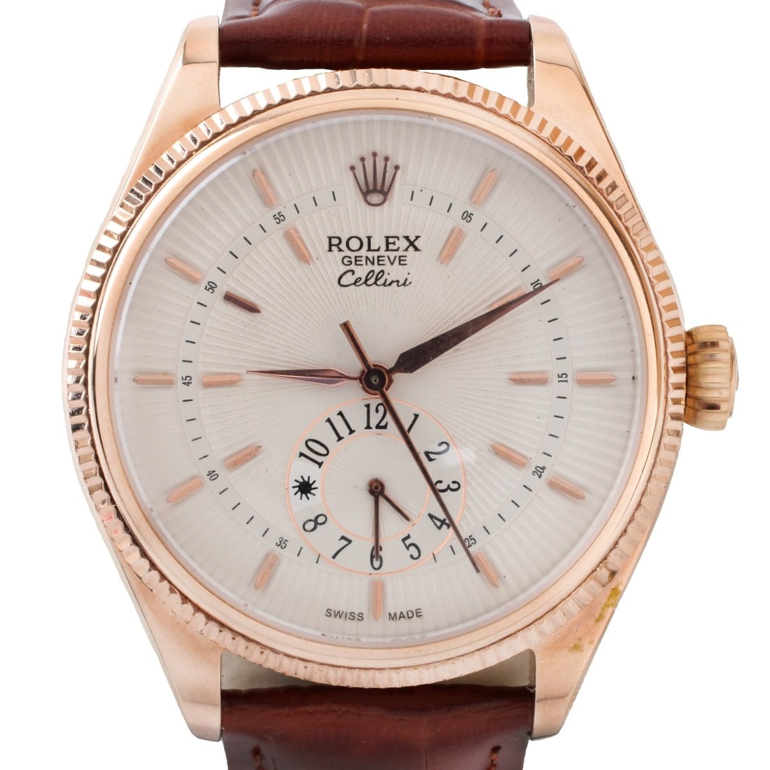Rolex Cellini Clone Watch: Rolex Cellini Clone Dual Time Zone Rose Tone Stainless Steel Watch with Leather Strap Bracelet. Automatic movement. Case measures 40mm. Bracelet measures 10" L. Kodner Galleries offers phone and absen