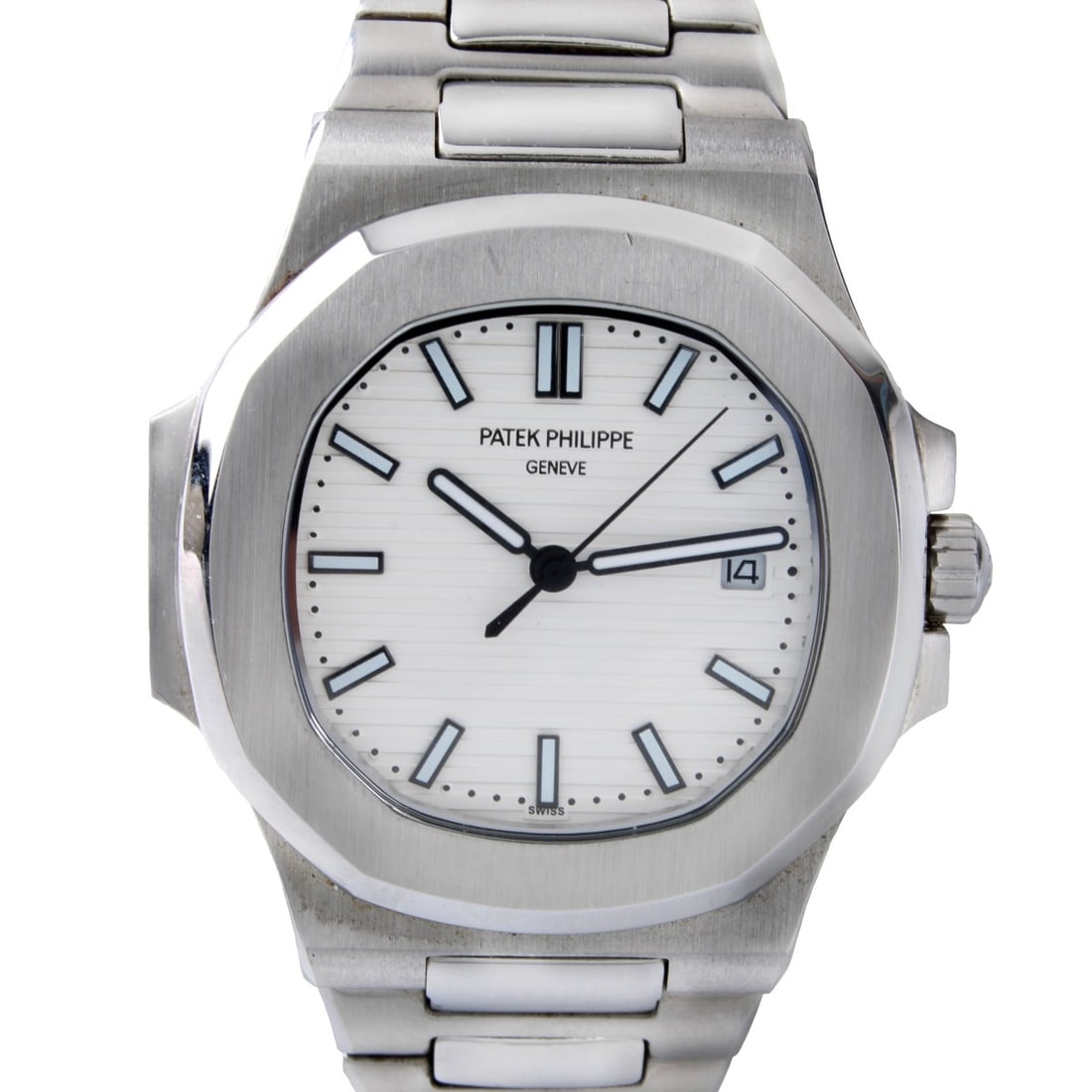 Patek Philippe Clone Watch: Patek Philippe Clone Nautilus 5711 Stainless Steel Bracelet Watch, White Dial. Automatic movement. Case measures 40mm. Bracelet measures 7" interior circumference. Kodner Galleries offers phone and