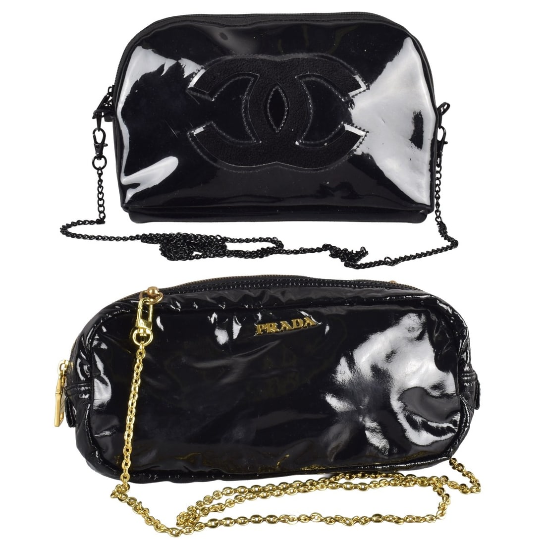 Replica Prada and Chanel Bags: Replica Prada and Chanel Bags. One (1) replica Prada black vinyl cosmetic case-bag with gold logo and gold tone detachable chain strap, one (1) replica Chanel black vinyl cosmetic case-bag with black