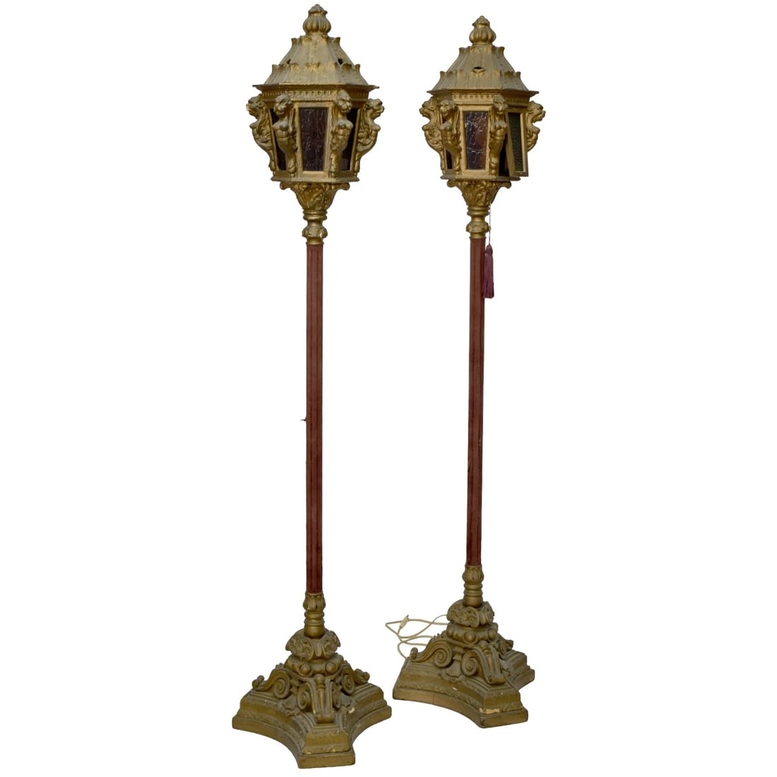 Venetian Baroque Style Standing Lanterns: 19th Century Venetian Gilded Baroque Style Standing Lanterns (electrified), Italian Carved Wood. Measures: 74" high, lanterns measure: 12" wide, 12" deep. Provenance: From an Important Coconut Grove,