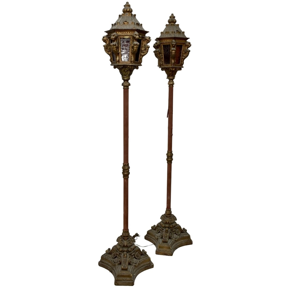 Venetian Baroque Style Standing Lanterns: 19th Century Venetian Gilded Baroque Style Standing Lanterns (electrified), Italian Carved Wood. Measures: Approximately 78" high, lanterns measure: 12" wide, 12" deep. Provenance: From an Important