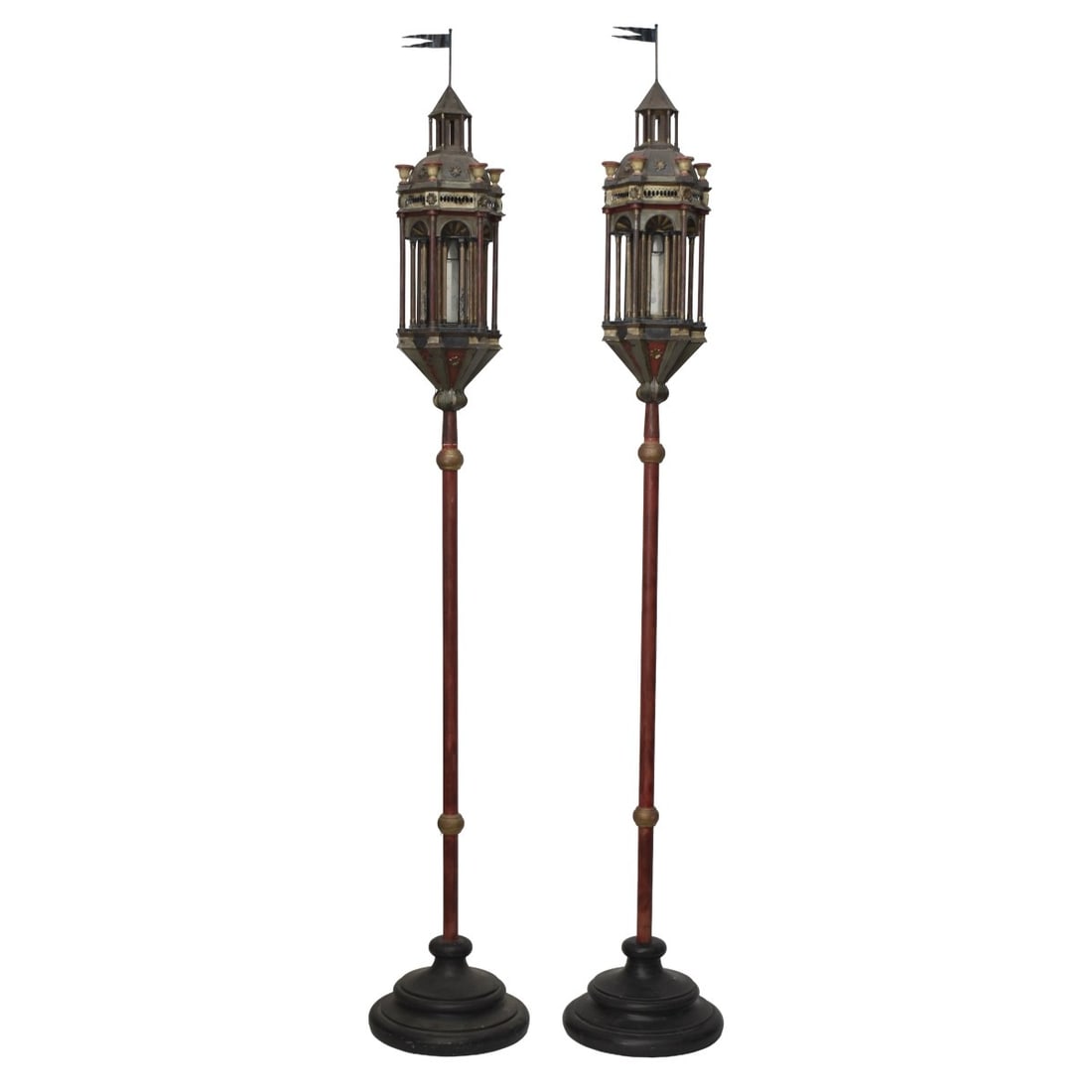 Venetian Baroque Style Standing Lanterns: 19th Century Venetian Gilded Baroque Style Standing Lanterns (not electrified), Italian Carved Wood. Measures: Approximately 96" high, lanterns measure: 10" wide, 10" deep. Provenance: From an