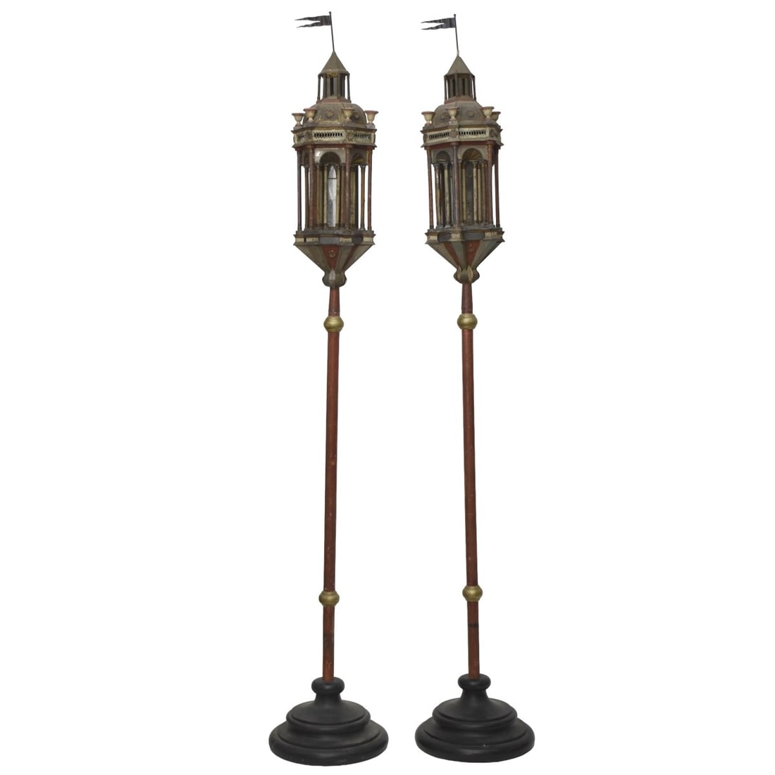 Venetian Baroque Style Standing Lanterns: 19th Century Venetian Gilded Baroque Style Standing Lanterns (not electrified), Italian Carved Wood. Measures approximately: 94" high, lanterns measure: 10" wide, 10" deep. Provenance: From an