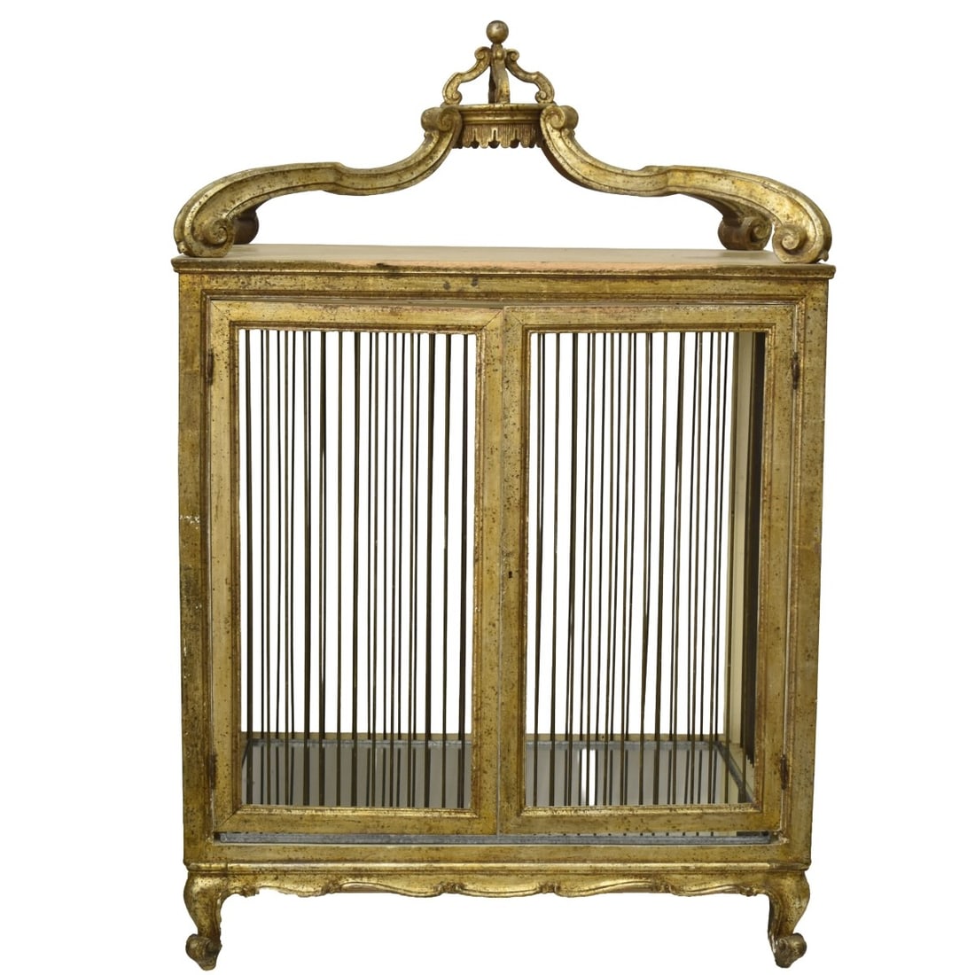 Vintage Italian Gilt Wood Bird Cage: Vintage Large Italian Carved Gilt Wood Bird Cage with a Removable Mirror Floor Base. Measures: 54" high, 36-1/2" wide, 24-1/2" deep. Provenance: From an Important Coconut Grove, Florida Estate.