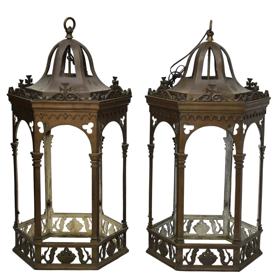 Vintage Italian Hanging Lanterns: Two (2) Vintage Italian Hanging Bronze Chandelier Lanterns with a Clover and Cross Motif. Measures: 36" high, 16" wide, 16" deep. Provenance: From an Important Coconut Grove, Florida Estate. Kodner