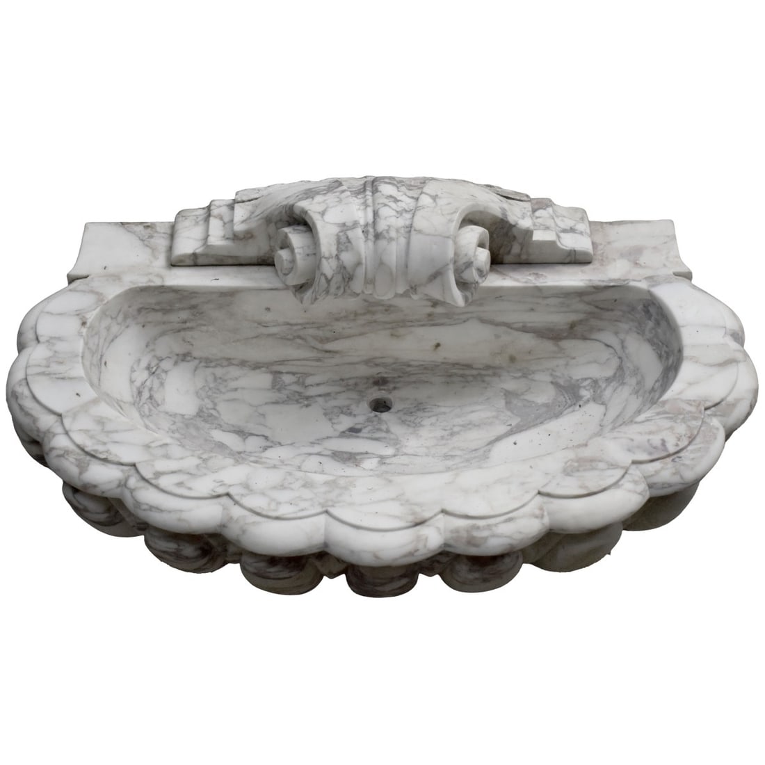 Italian Neo-classical Style Marble Fountain: Antique Italian Neo-classic Style Hand Carved Marble Fountain Basin. Measures: 27" wide, 14" deep, 10-1/2" high. Provenance: From an Important Coconut Grove, Florida Estate. Kodner Galleries offers