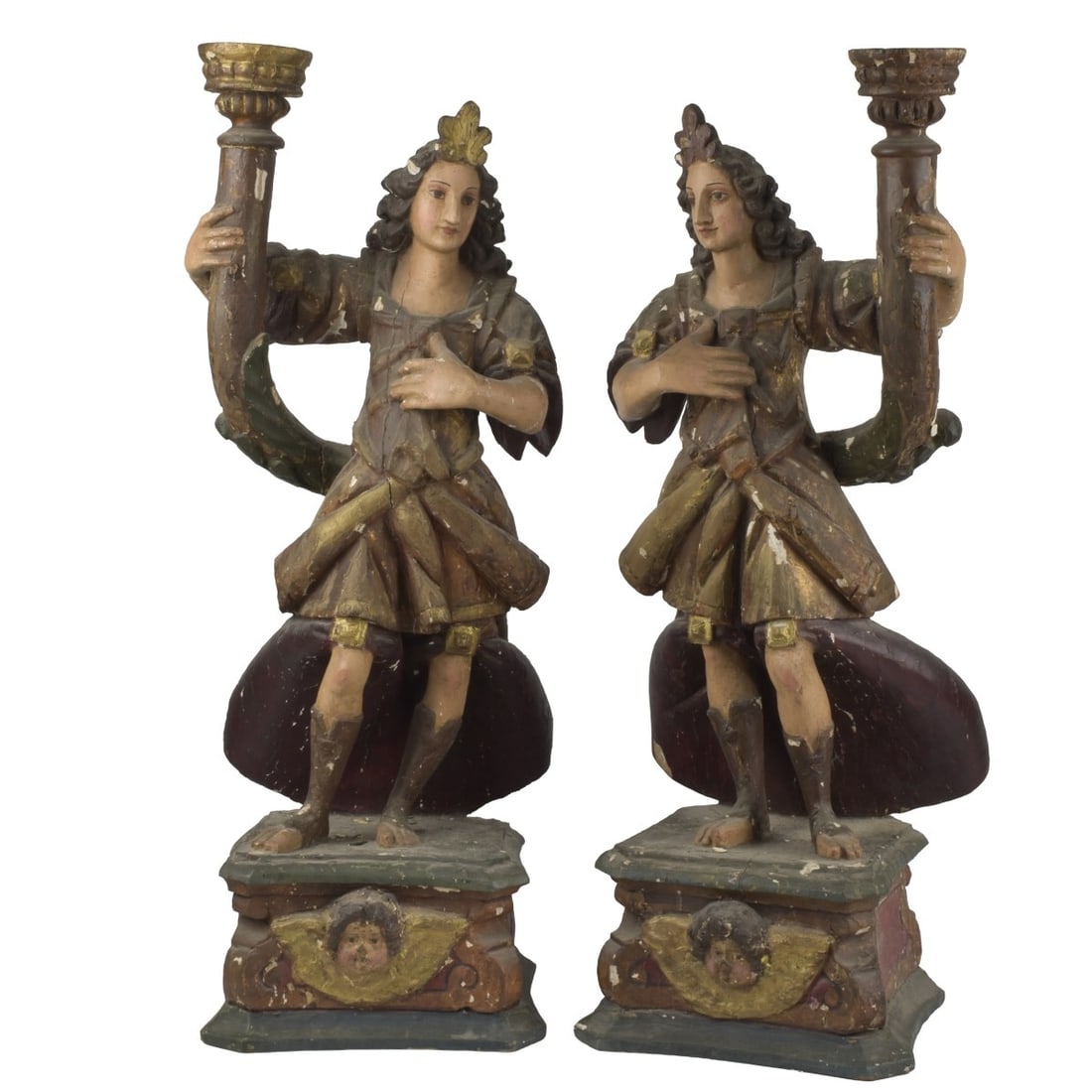 Italian Carved Wood Pricket Candlesticks: Two (2) 18th/19th Century Italian Carved Figural Wood Pricket Candlesticks. Measures: 29" high, 11-1/2" wide, 8-1/2" deep. Provenance: From an Important Coconut Grove, Florida Estate. Kodner