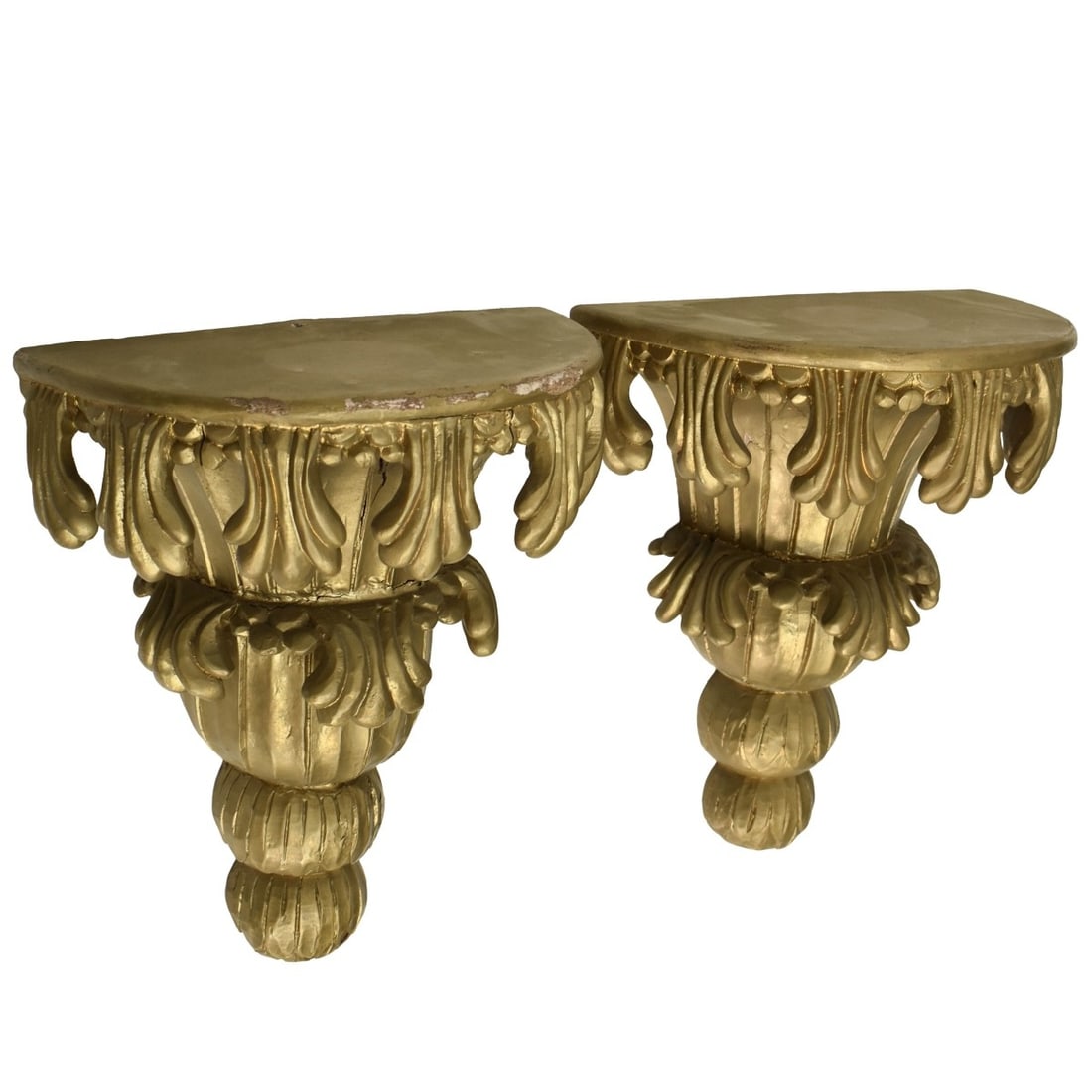 Italian Carved Wall Bracket: Antique Pair of Italian Gold Painted Carved Heavy Wood Wall Brackets. Measures: Measures: 19" high, 15-1/2" wide. Provenance: From an Important Coconut Grove, Florida Estate. Kodner Galleries offers