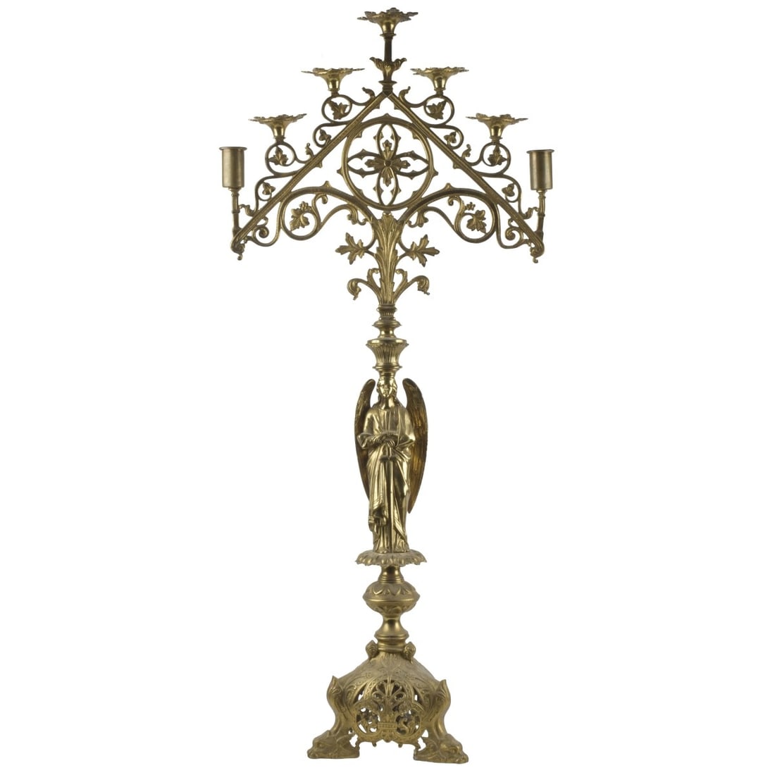 Italian Church Altar Candelabra: Antique Italian Brass Seven (7) Light Church Altar Candelabra. Modeled with a central figure of a winged angel with a sword and supported on three (3) dolphins and a pierced globular base.