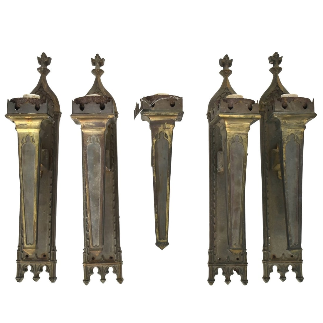 Antique Bronze Wall Sconces: Five (5) Antique Bronze Gothic Style Wall Sconces. Measures: 22" high, 4" wide, 7-1/2" deep. Provenance: From an Important Coconut Grove, Florida Estate. Kodner Galleries offers phone and absentee