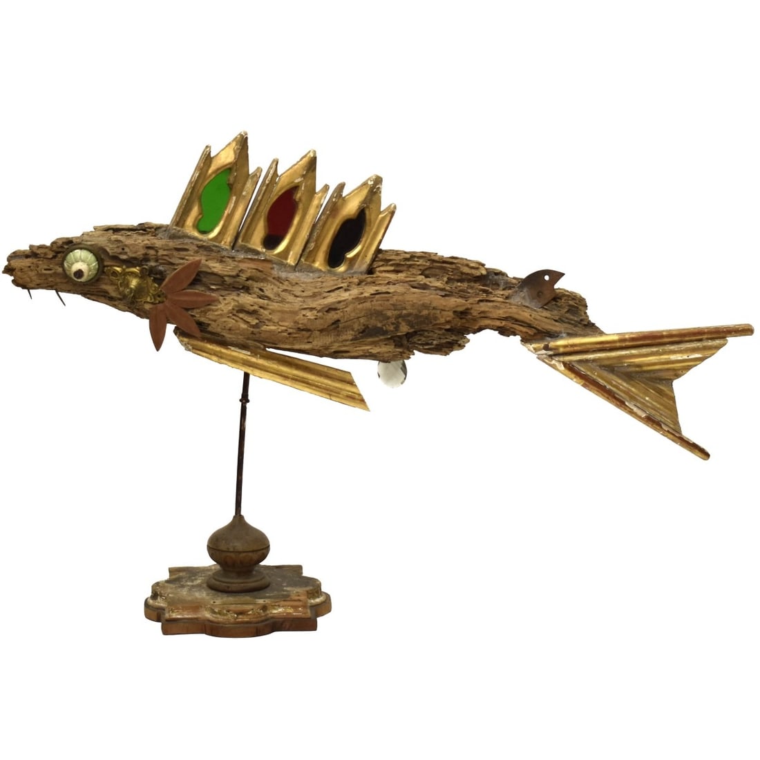Fiorella Chelini Driftwood Sculpture: VIntage Fiorella Chelini Free Form Driftwood Sculpture of a Fish with Glass, Metal and Gold Leaf Gesso Embellishments. Overall height measures: 27" high, 42" long, 5" deep. Provenance: From an