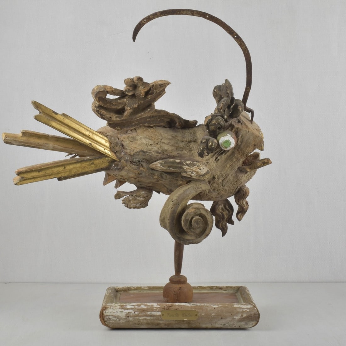 Fiorella Chelini Driftwood Sculpture: VIntage Fiorella Chelini Free Form Driftwood Sculpture of a Fish with Glass, Metal and Gold Leaf Gesso 20" long, 6" deep. Provenance: From an Important Coconut Grove, Florida Estate. Kodner Galleries