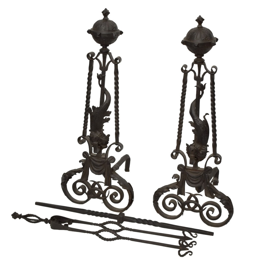 Hand Forged Wrought Iron Ardrions: Hand Forged Wrought Iron Ardrions with Log Pick, Tongs. Circa 1920's. Andrions measures: 48" high, 16" wide 21" deep. Provenance: From an Important Coconut Grove, Florida Estate. Kodner Galleries