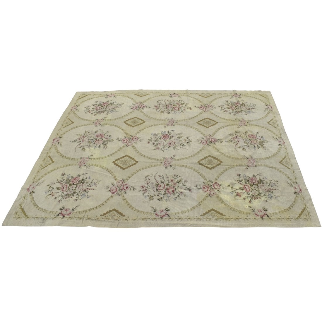 French Aubusson Woven Carpet: Semi -antique French Flat-weave Wool Abusson Carpet with an Overall Green, Rose and Tan Floral Pattern. Measures: 131" x 101". Kodner Galleries offers phone and absentee bidding at a low, flat 21% buy