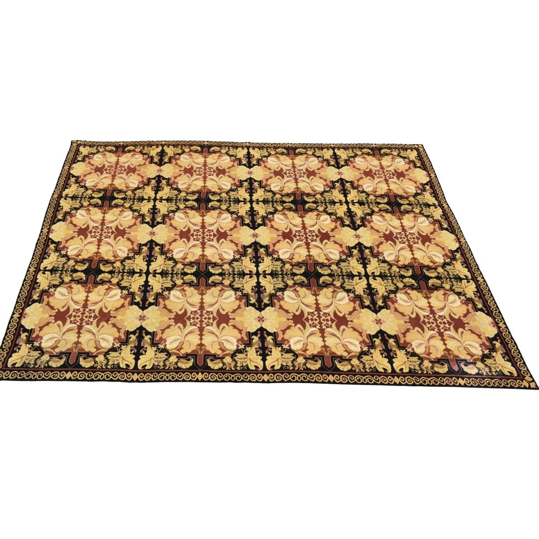 French Aubusson Woven Carpet: Semi -antique French Flat-weave Wool Abusson Carpet with an Overall Black and Gold Boarder with Black, Red Background Floral Pattern. Measures: 140" x 100". Kodner Galleries offers phone and absentee
