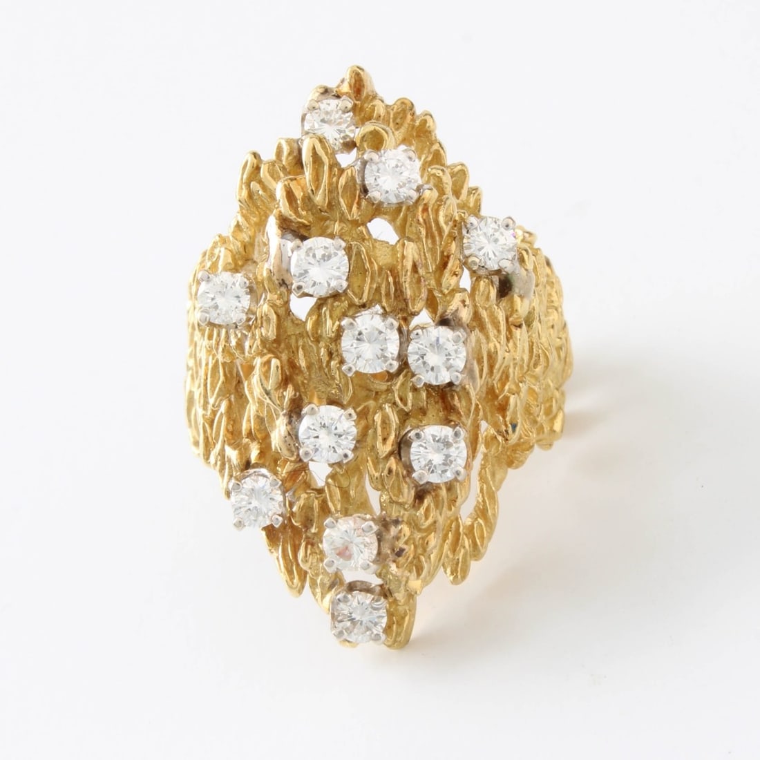Diamond and 18K Ring: Vintage Handmade Approx. 1.0 Carat TW Twelve Round Brilliant Cut Diamond and 18 Karat Yellow Gold Ring. Diamonds G-H color, VS-SI clarity. Ring size 5. Approx. weight: 13.98 grams. Kodner Galleries of