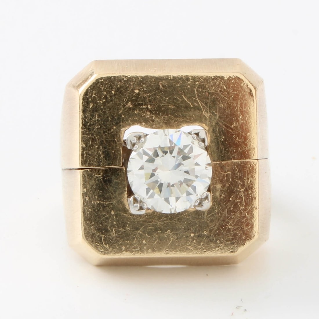 Diamond and 14K Ring: Vintage Approx. .95 Carat Round Brilliant Cut Diamond and 14 Karat Yellow Gold Retro Design Square Shape Ring. Diamond J-K color, SI2 clarity. Approx. weight: 10.96 grams. Kodner Galleries offers phon