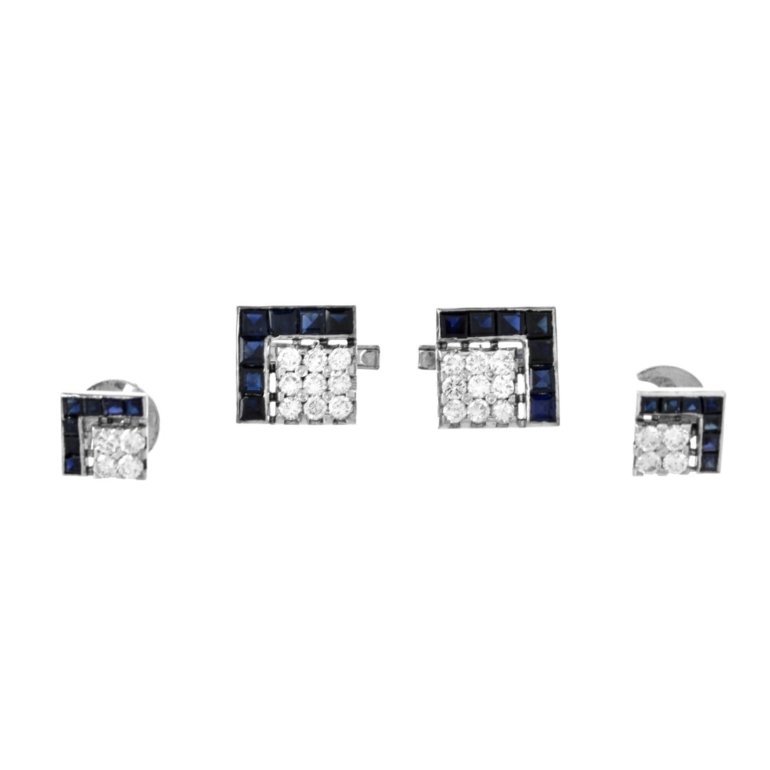 Diamond, Sapphire & Platinum Dress Shirt Set: Art Deco Approx. 2.0 Carat TW Round Brilliant Cut Diamond, 2.50 Carat TW Baguette Cut Gem Quality Sapphire and Platinum Dress Shirt Set Consisting of Cufflinks and Two Shirt Studs. Diamonds E-F
