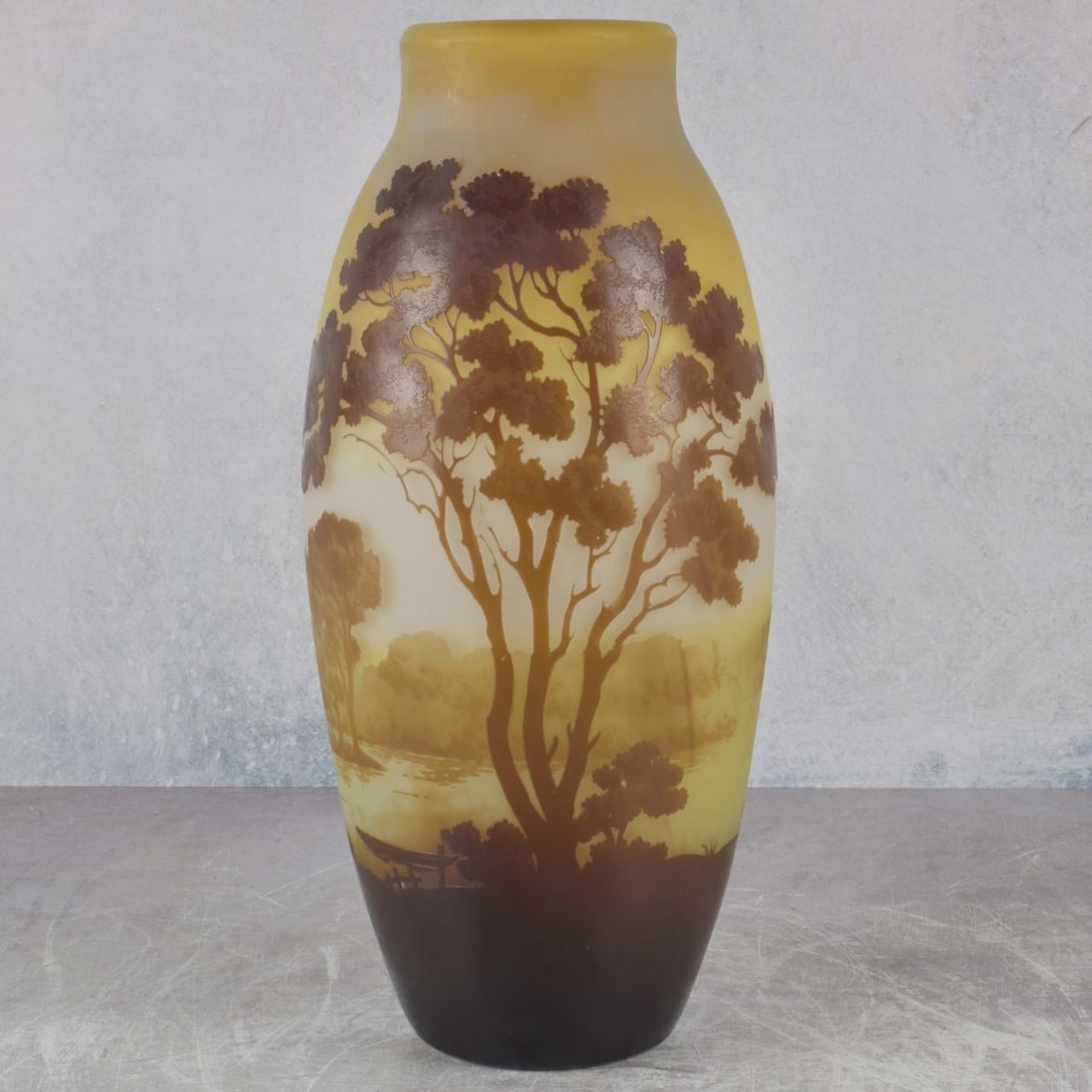 Galle French Cameo Glass Vase: Emile Galle French Cameo Glass Riverscape/ Landscape Scenic Vase Circa 1920. Signed "Galle" in cameo to the side. Measures: 12-1/2" high, 5-1/2" diameter. Kodner Galleries offers phone and absentee