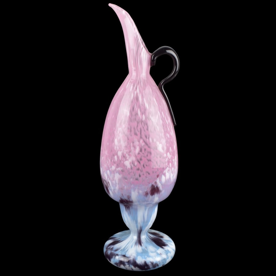 Schneider Art Deco Glass Ewer: Schneider Art Deco Glass Ewer in a Mottled Glass with Attached Handle. Circa 1920. Engraved "Schneider" to the side and also engraved "FRANCE" to the bottom. Measures: 18-1/4" high, 5" diameter. A