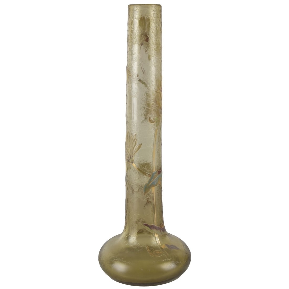 Galle Cameo Glass Vase: Emile Galle French Cameo Glass Long Neck Vase Decorated with an Etched and Polychromed Floral Motif Circa 1920. Signed stylized "Galle" in cameo to the side. Measures: 17-3/4" high, 5-1/2" diameter.