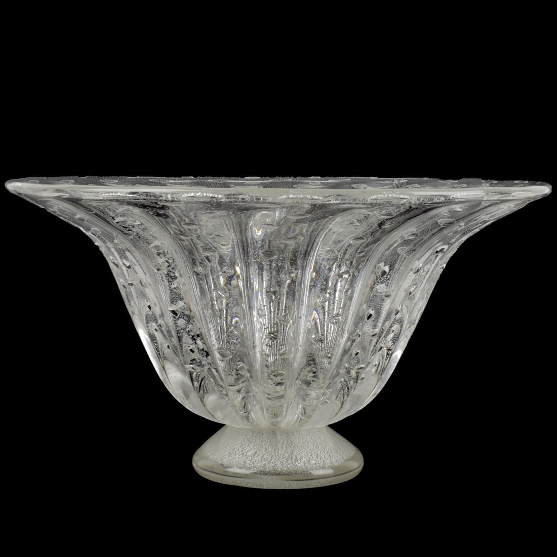 Mid-century Vittorio Rigattieri Murano: Large Mid-century Vittorio Rigattieri Italian Blown Glass Centerpiece Bowl. SIgned to the bottom. Measures: 9-1/2" high, 17" diameter. Kodner Galleries offers phone and absentee bidding at a low,