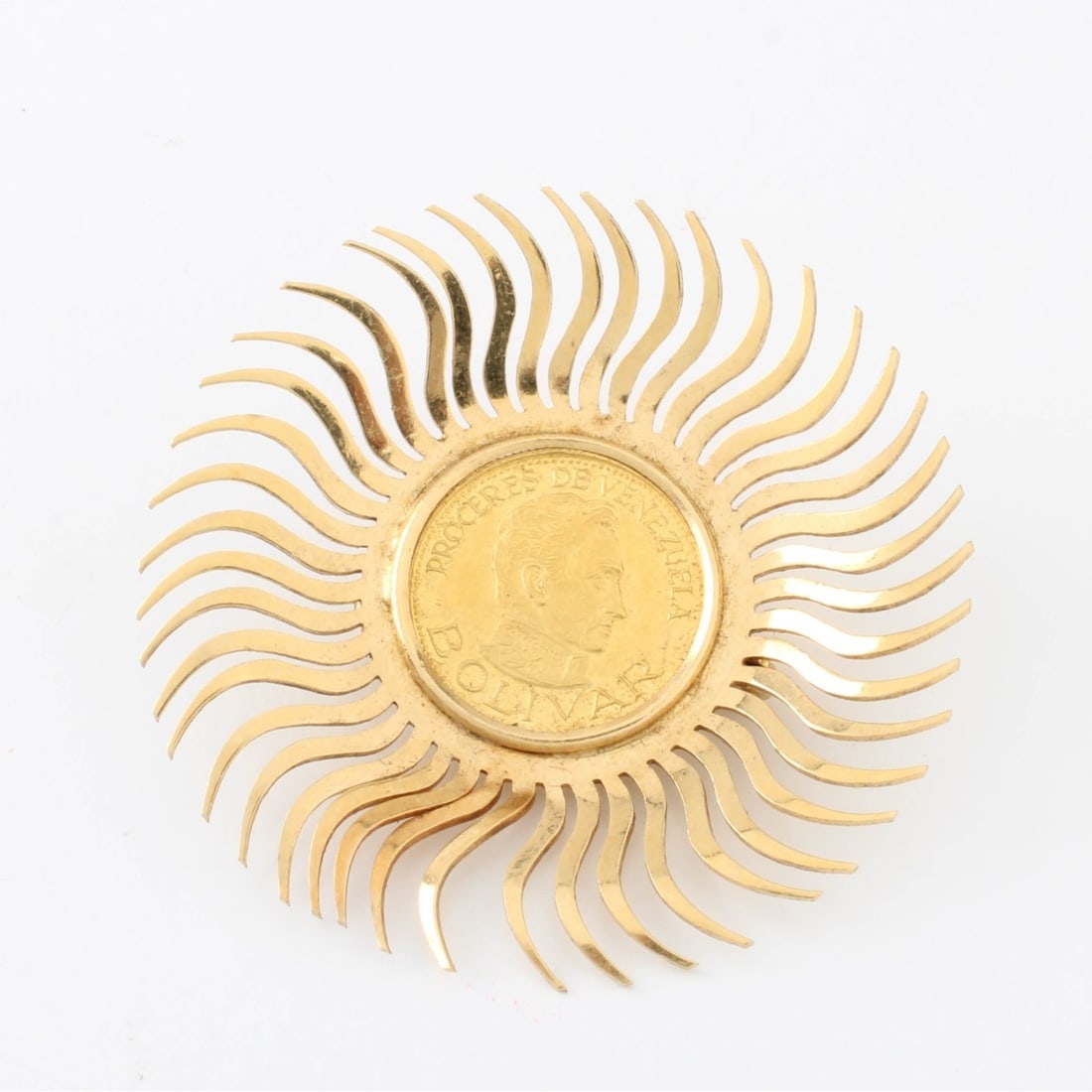 Gold Coin and 14K Pin: Vintage Gold Coin and 14 Karat Yellow Gold Starburst Pin. Measures 1-1/2" diam. Approx. weight: 8.98 grams. Kodner Galleries offers phone and absentee bidding at a low, flat 21% buyer?s premium