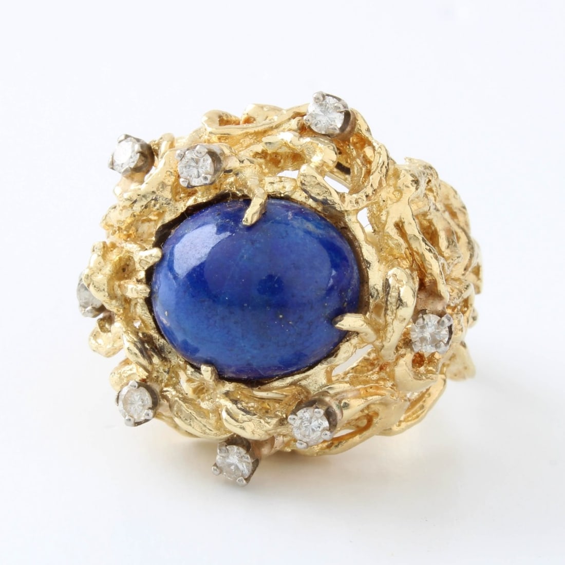 14K, Diamond and Lapis Ring: Vintage Handmade Heavy 14 Karat Yellow Gold Ring Accented with Small Round Brilliant Cut Diamond and Cabochon Lapis Lazuli Ring. Ring stamped 14K. Kodner Galleries offers phone and absentee bidding