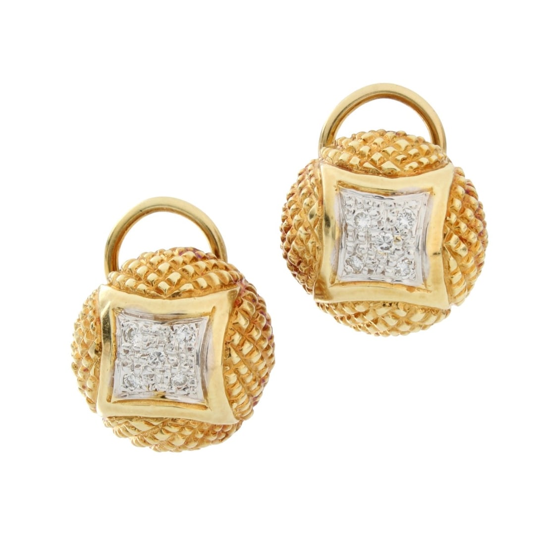 14K and Diamond Ear Clips: Vintage 14 Karat Yellow and White Gold Dome Ear Clips Accented with Small Lave Set Round Cut Diamonds. Measure 5/8" diam. Approx. total weight: 10.69 grams. Kodner Galleries offers phone and absentee 