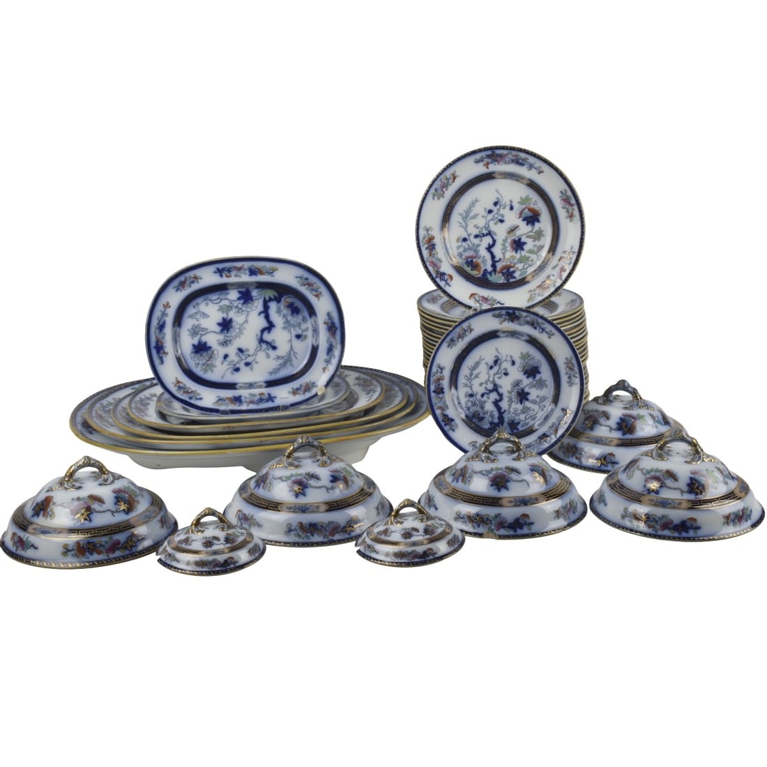 Spode "Indian Tree" Dinner Service: Large Collection of Victorian Spode "Indian Tree" Dinner Service. Consisting of 23 dinner plates, measures: 10-1/2" diameter, 1 salad plate, measures: 9" diameter, 5 dome food covers, measures: 4"
