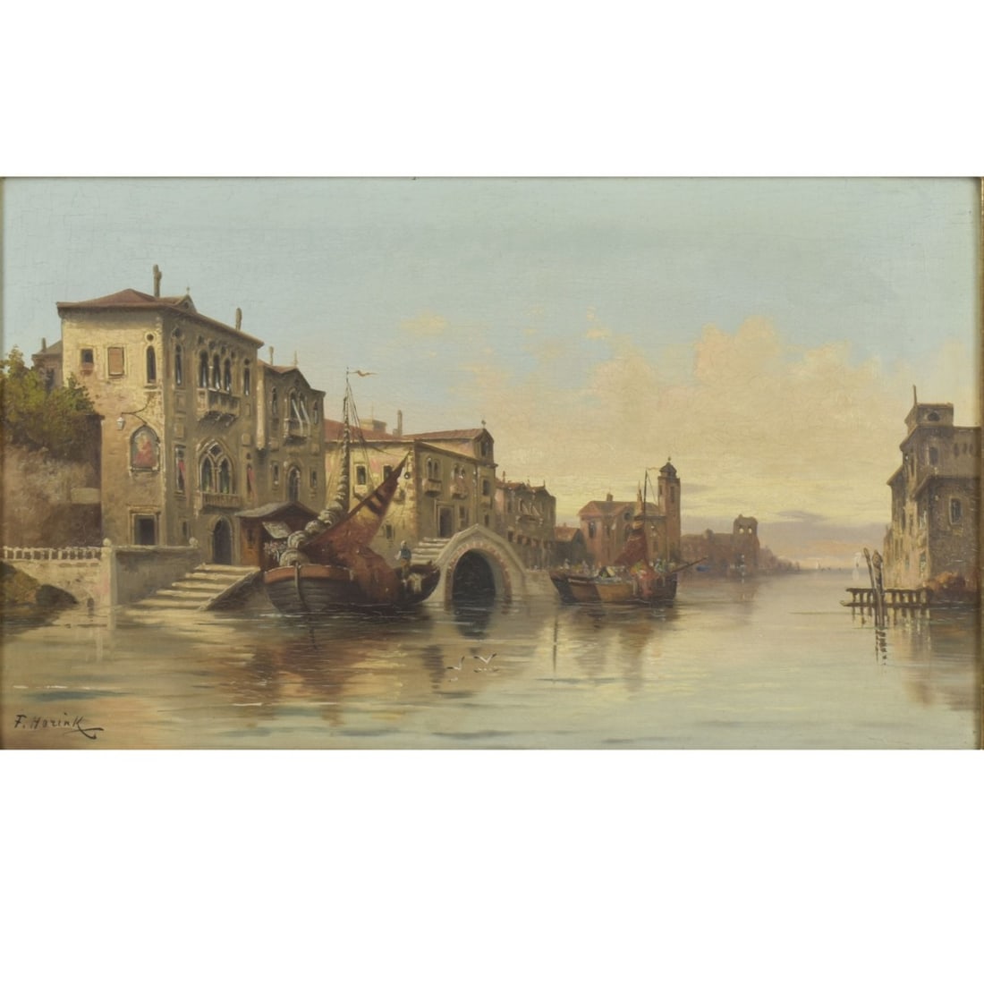 Frantisek Hanus Herink (Austrian, 1889-1958): Frantisek Hanus Herink (Austrian, 1889-1958) Venice Grand Canal Oil on Canvas. Framed. Signed lower left hand corner. Verso with artist lable and Arthur James Galleries Delray, Florida Stretcher