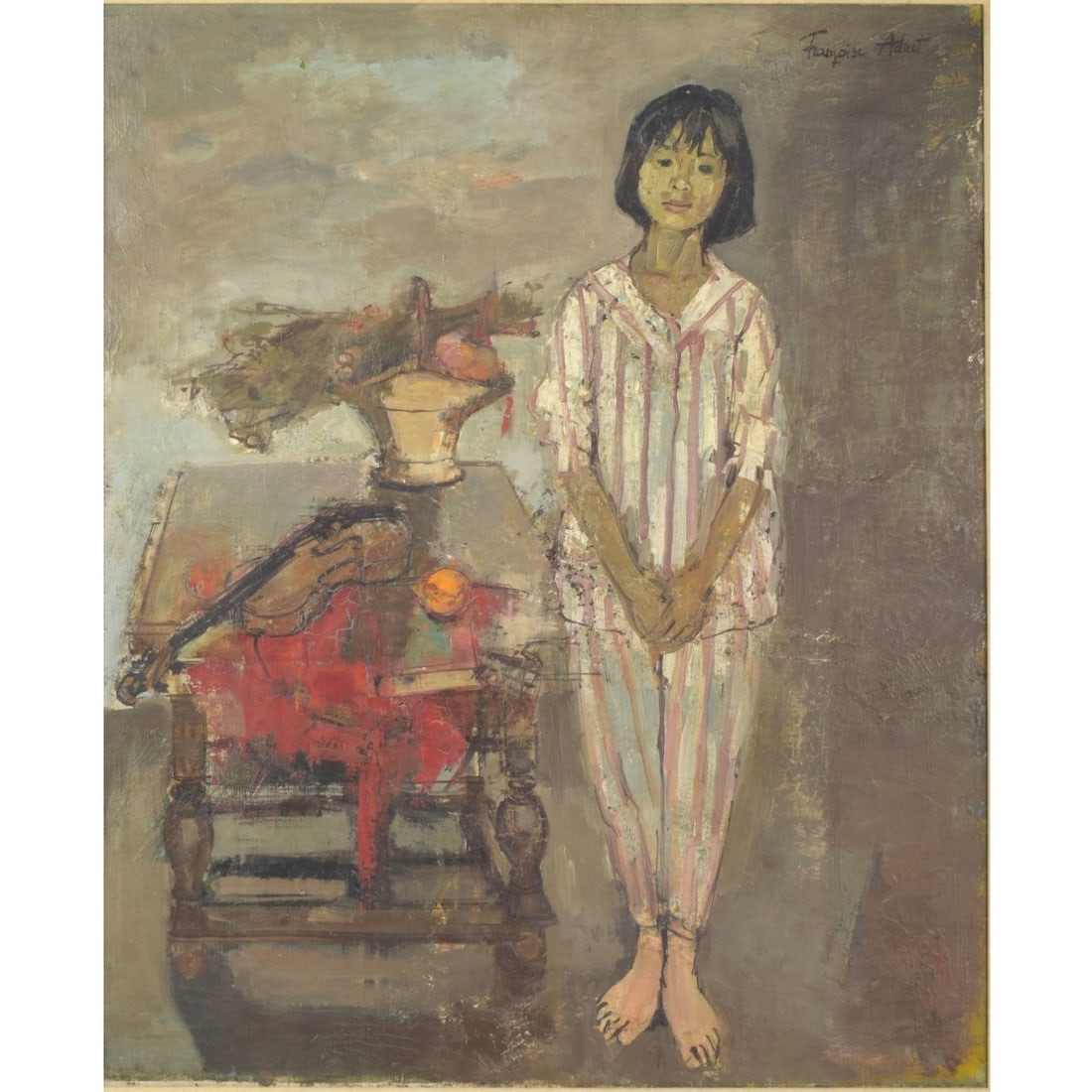 Francois Adnet, French (1924-2014): Francois Adnet, French ( 1924-2014) "Portrait of a Young Girl in Pajamas" Oil on Canvas. Framed. 1955. Signed top right hand corner. Verso with Norton Gallery West Palm Beach, FL tag. Stretcher