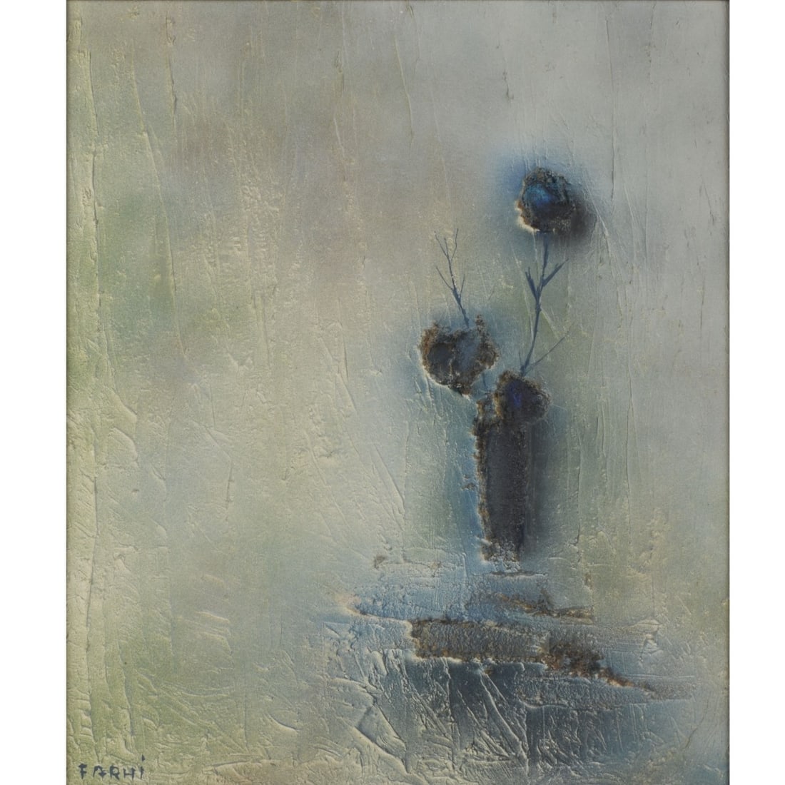Oil on Canvas Sill Life: Farhi Textured Oil on Canvas Sill Life of Blue Flowers in a Vase. Signed bottom left hand corner. Verso with Norton Gallery West Palm Beach, FL tag. Stretcher measures: 24" high, 20" wide, frame measu