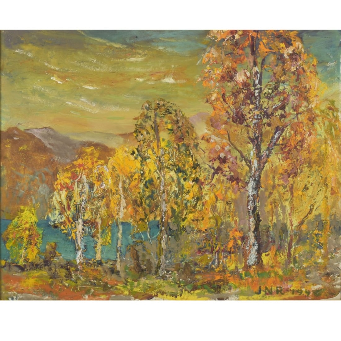 James N. Rosenberg, American, (1874-1970): JNR ( James N. Rosenberg ) American, (1874-1970) "Aspen Trees in Bloom" Oil on Board. Framed. Initialed bottom right hand corner. 1946. Verso with Norton Gallery West Palm Beach, FL tag. Stretcher